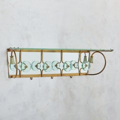 Italian Fontana Arte Style Brass + Glass Wall Mounted Coat Rack, 1950s
