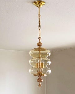 Fontana Arte Style Blown Glass Brass Thee-Light Lantern or Pendant, Italy, 1950s