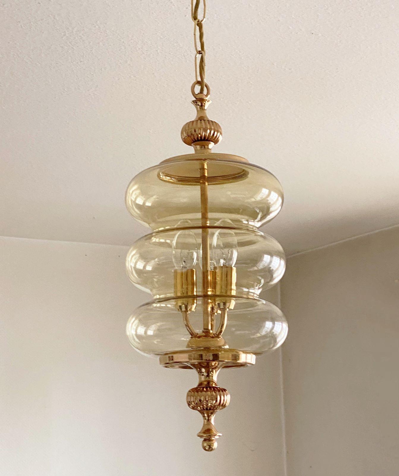 Mid-Century Modern Fontana Arte Style Blown Glass Brass Thee-Light Lantern or Pendant, Italy, 1950s For Sale