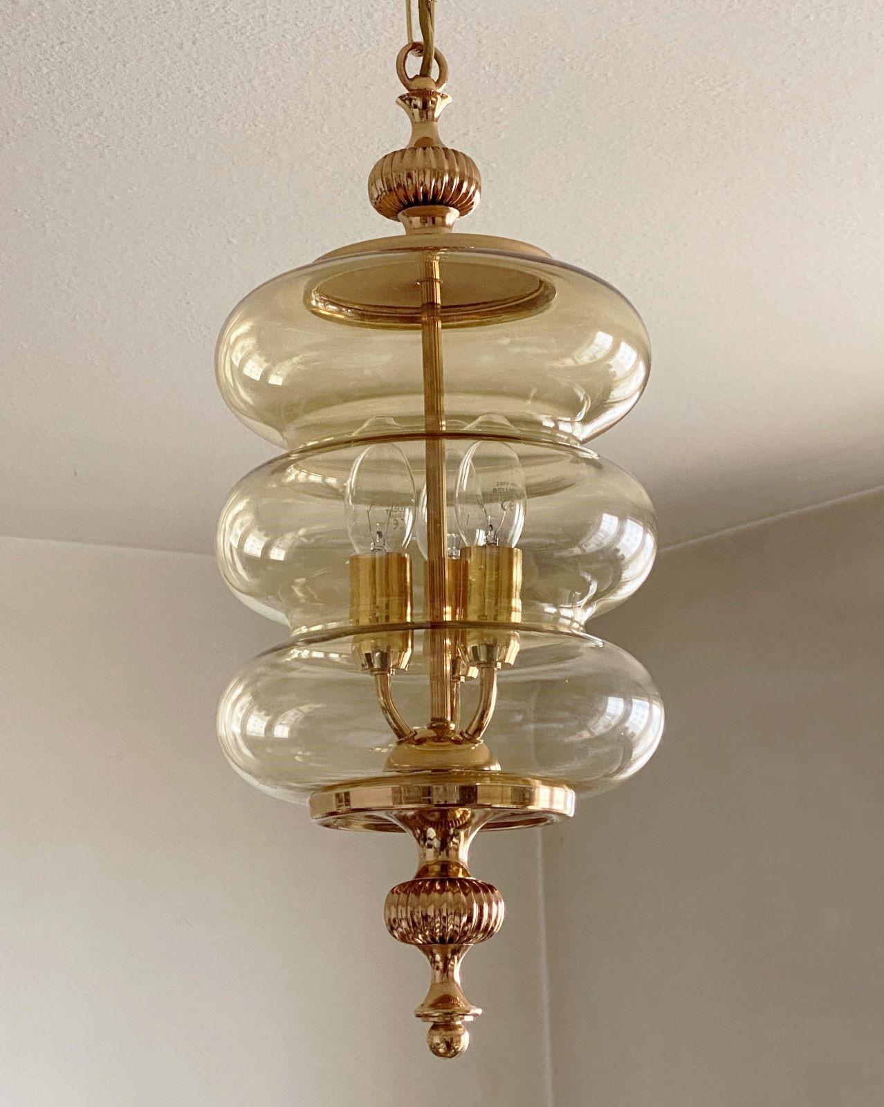 Italian Fontana Arte Style Blown Glass Brass Thee-Light Lantern or Pendant, Italy, 1950s For Sale