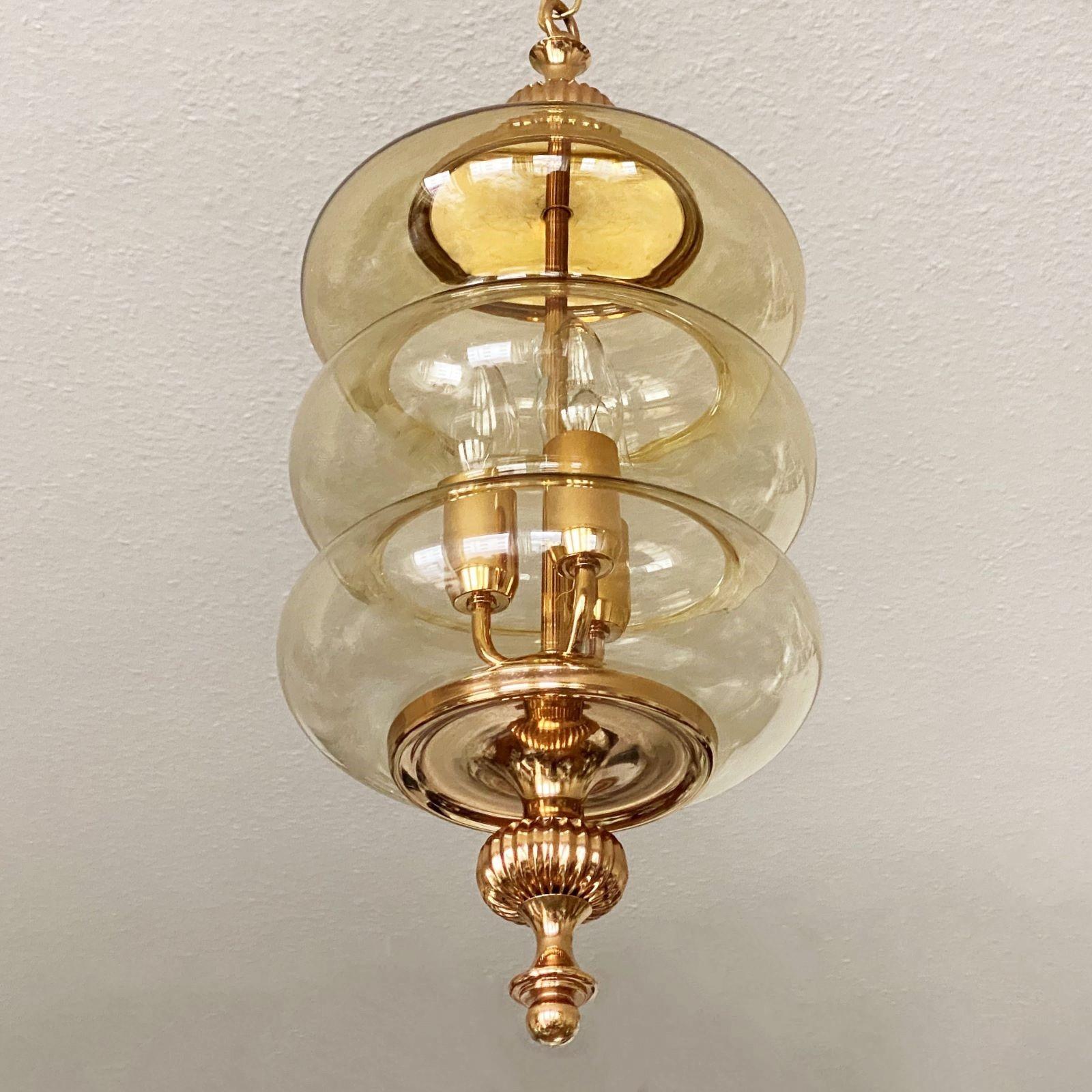 Fontana Arte Style Blown Glass Brass Thee-Light Lantern or Pendant, Italy, 1950s For Sale 1