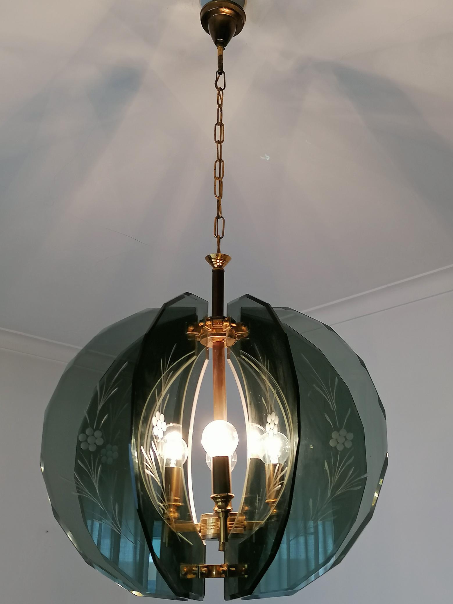 Vintage Gino Paroldo Chandelier with Brass and Smoked Hand Cut Glass, 1950s For Sale 3