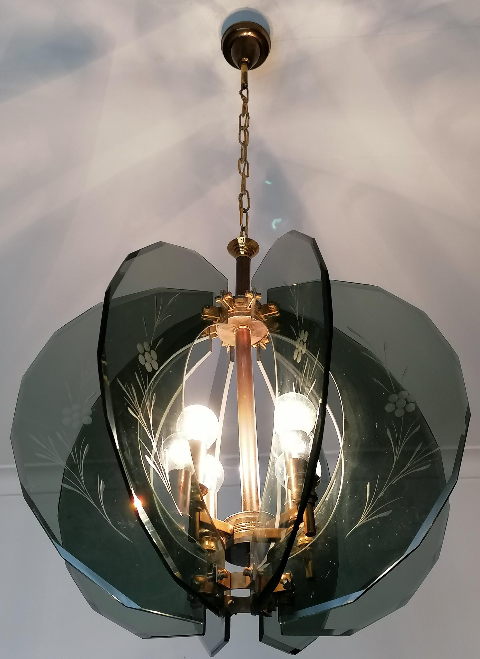 Vintage Gino Paroldo Chandelier with Brass and Smoked Hand Cut Glass, 1950s For Sale 6