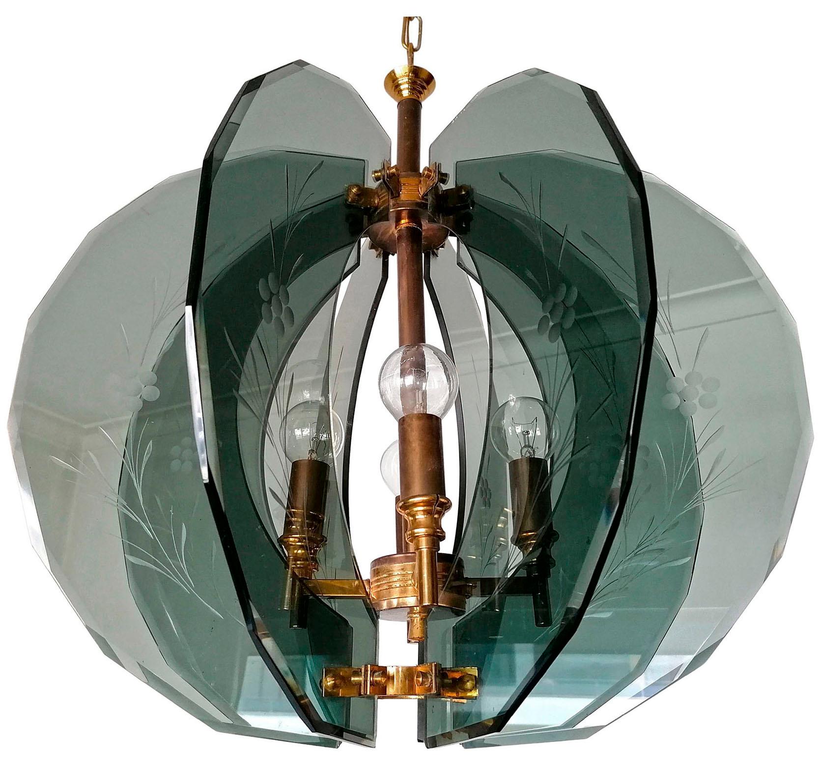 Mid-Century Modern Vintage Gino Paroldo Chandelier with Brass and Smoked Hand Cut Glass, 1950s For Sale