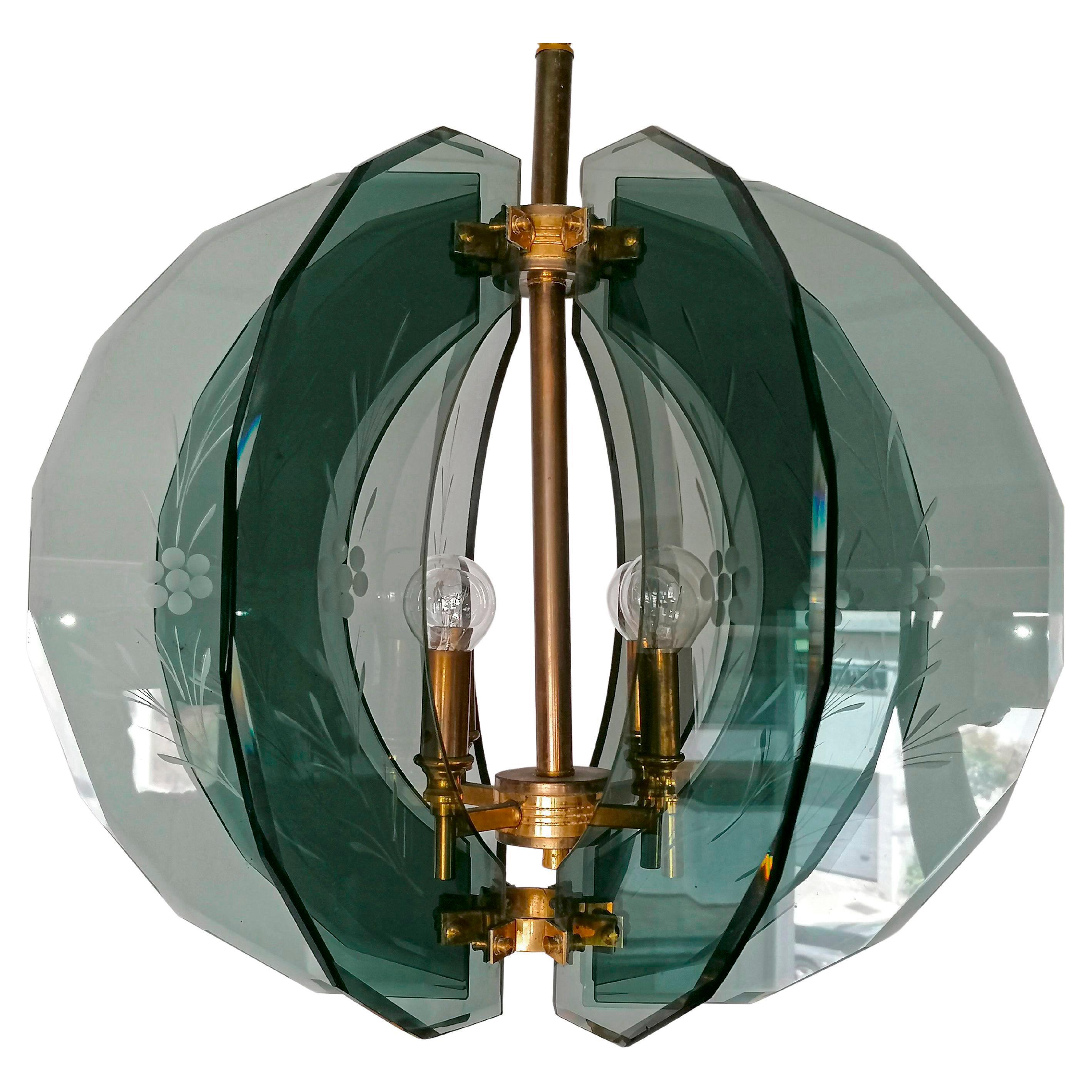 Gilt Vintage Gino Paroldo Chandelier with Brass and Smoked Hand Cut Glass, 1950s For Sale