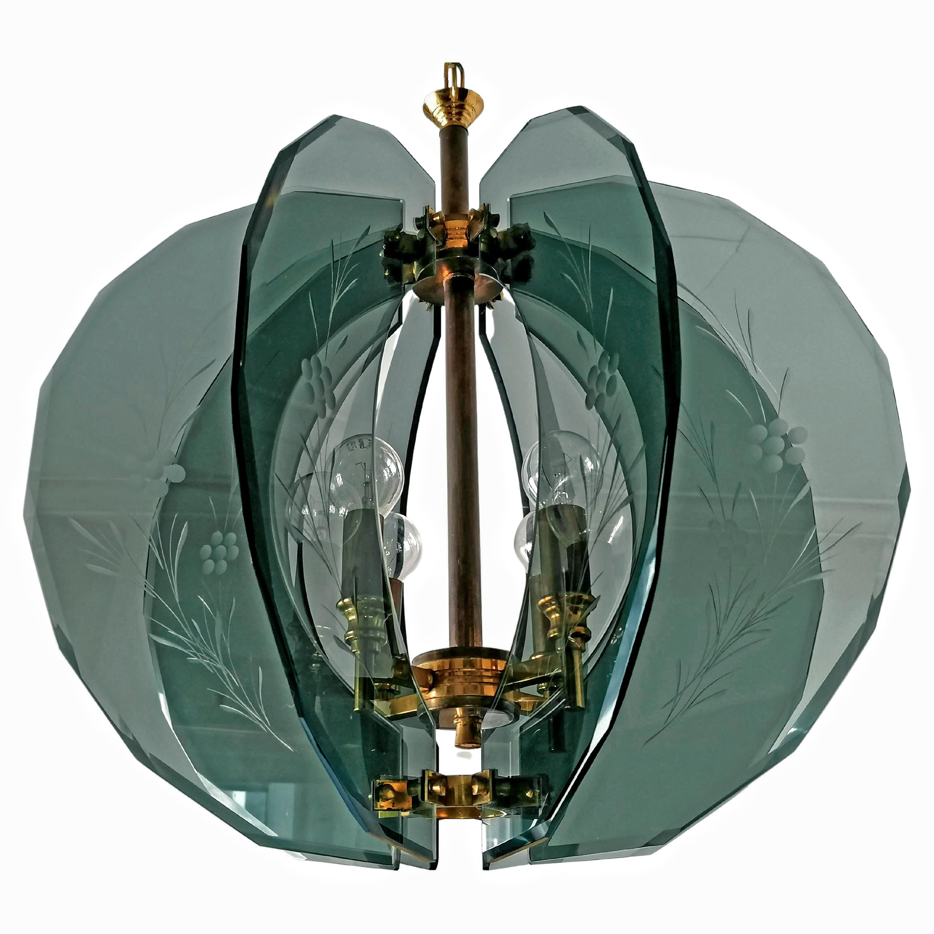 20th Century Vintage Gino Paroldo Chandelier with Brass and Smoked Hand Cut Glass, 1950s For Sale