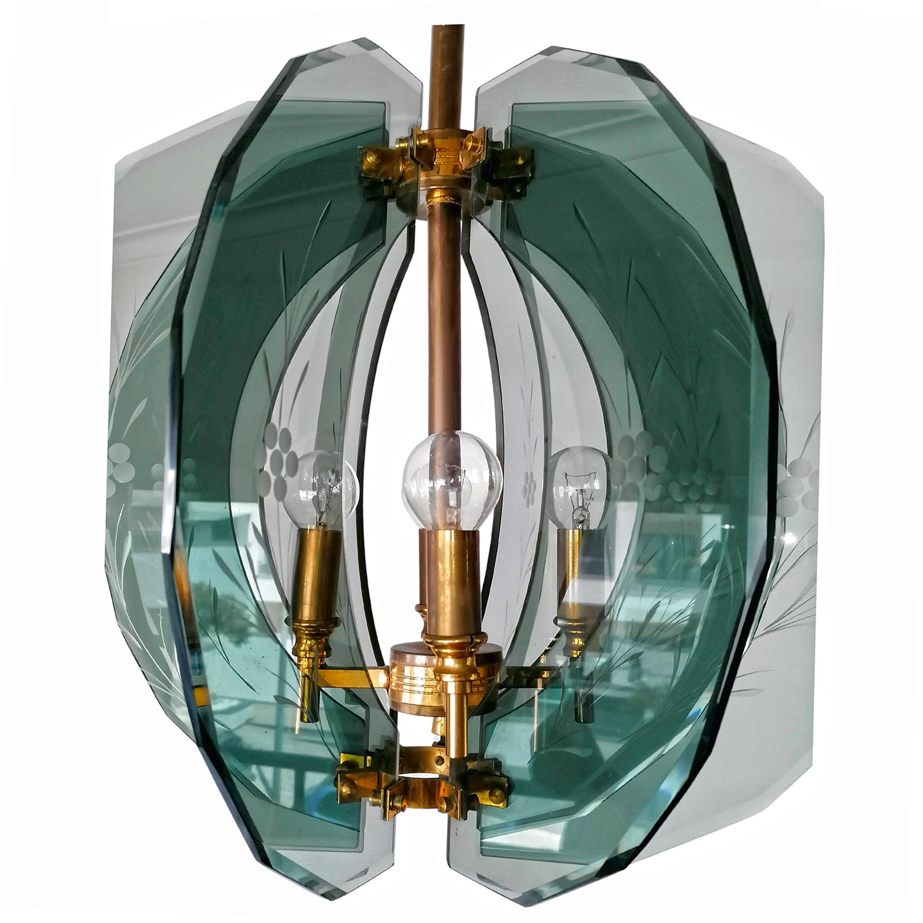 Vintage Gino Paroldo Chandelier with Brass and Smoked Hand Cut Glass, 1950s For Sale 1