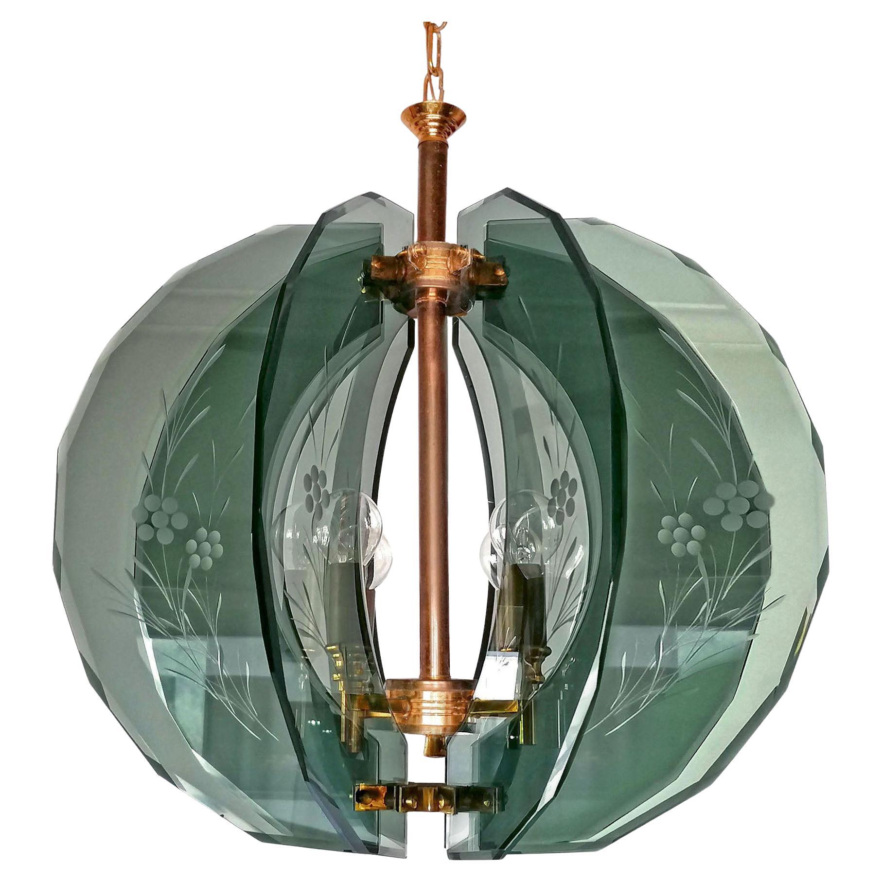 Vintage Gino Paroldo Chandelier with Brass and Smoked Hand Cut Glass, 1950s For Sale