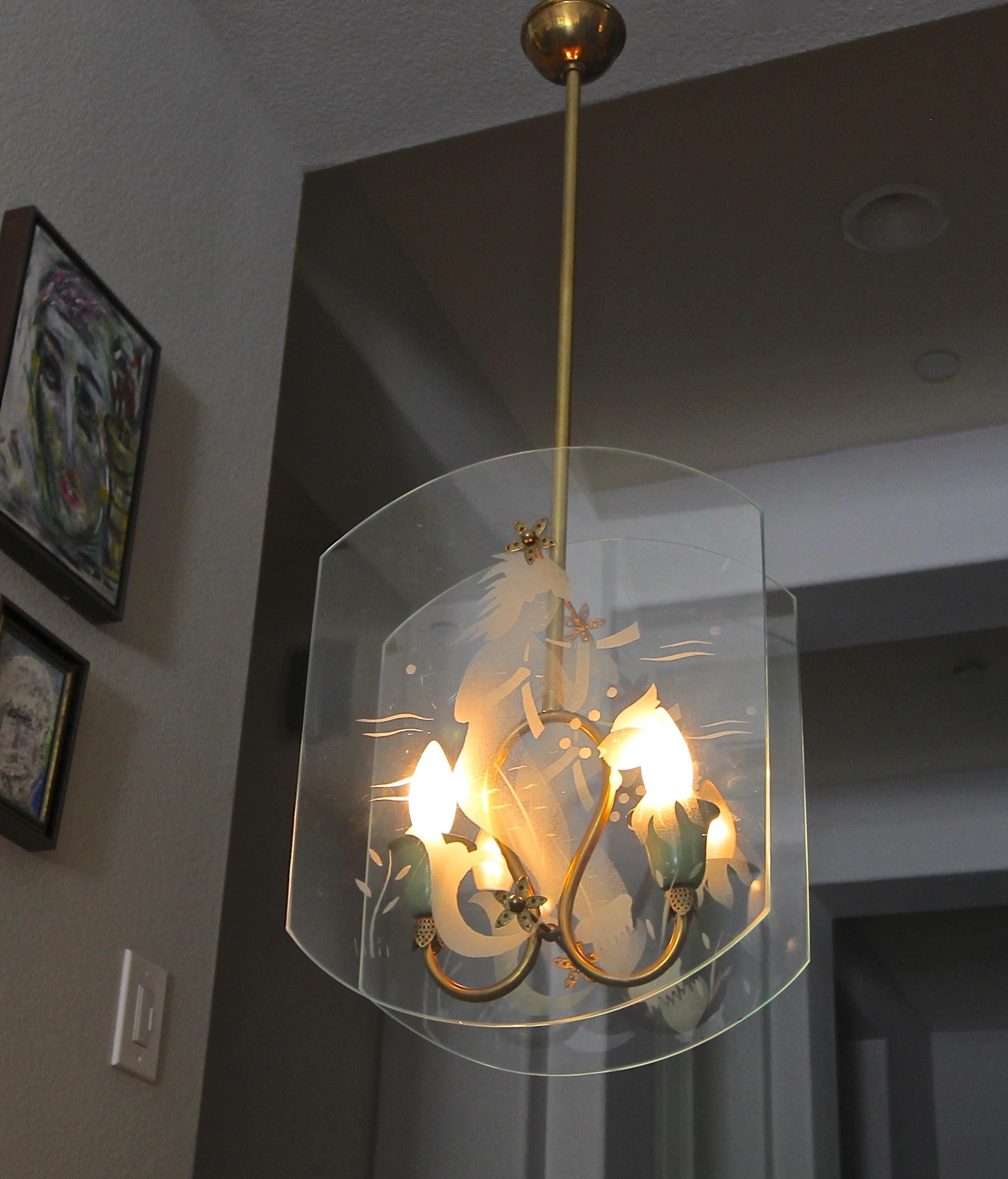 Italian Fontana Arte Style Etched Glass Mermaid Pendant Light 9