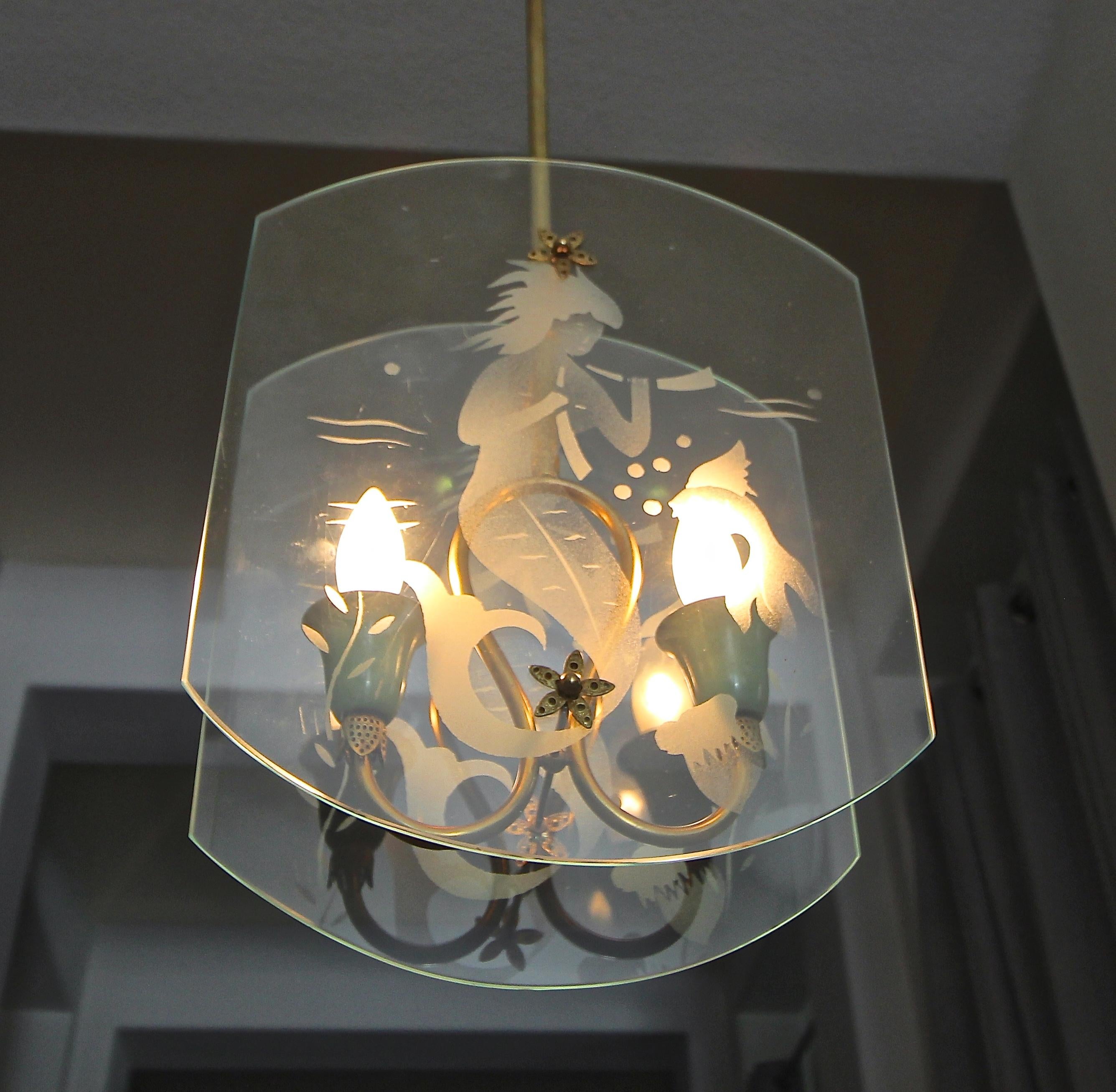 Italian Fontana Arte Style Etched Glass Mermaid Pendant Light 10