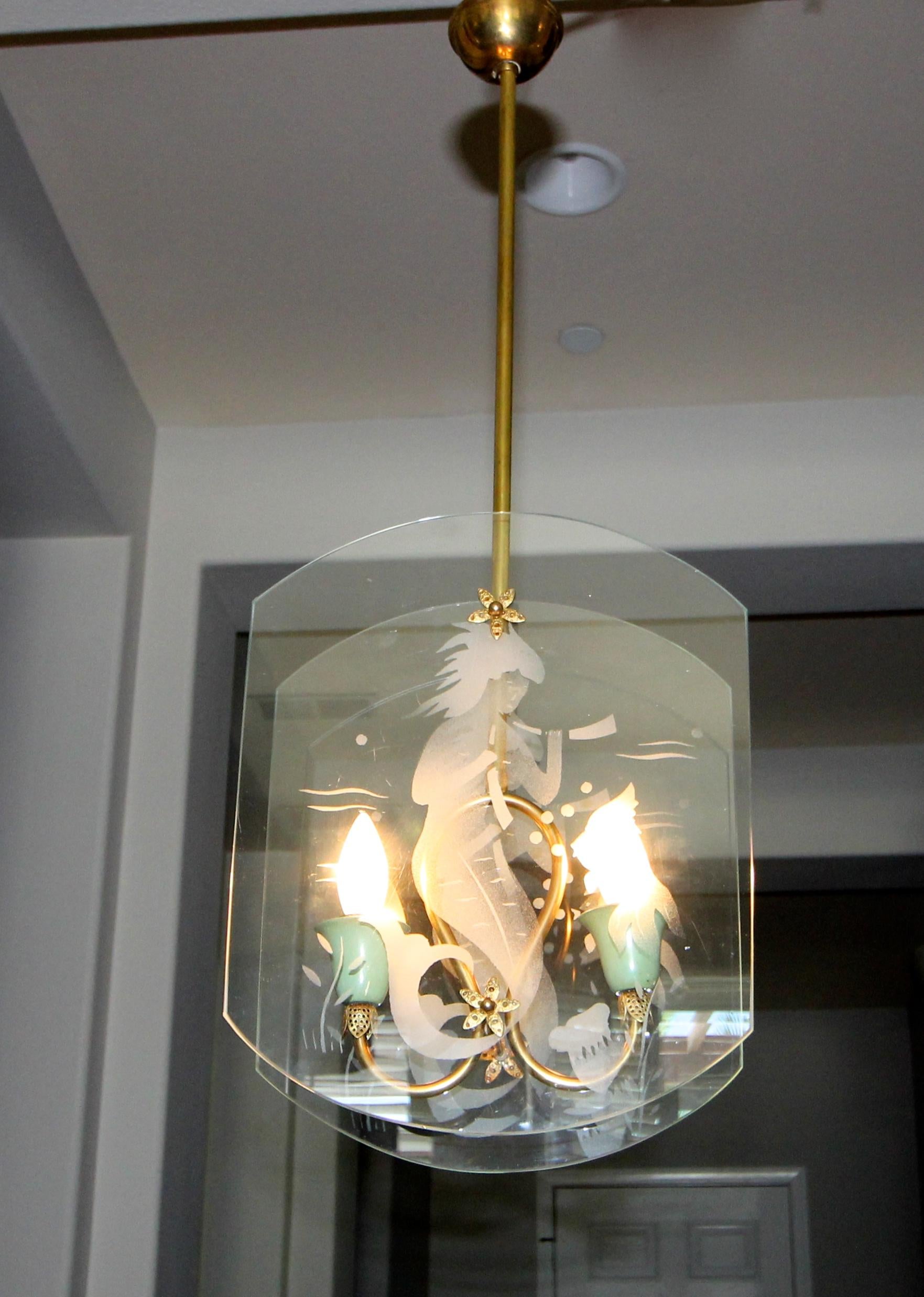 Italian Fontana Arte Style Etched Glass Mermaid Pendant Light 12