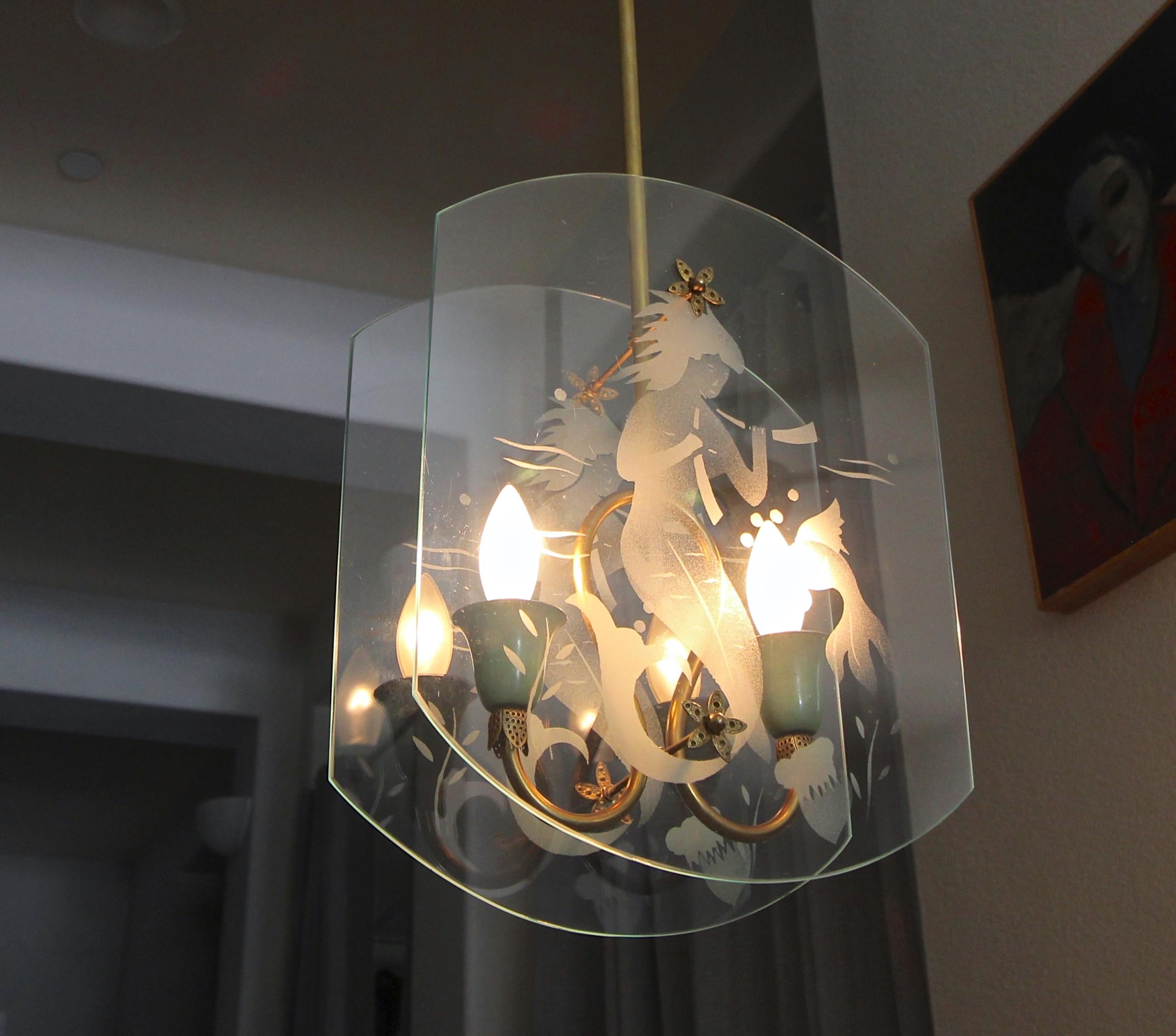 Italian Fontana Arte Style Etched Glass Mermaid Pendant Light In Good Condition In Palm Springs, CA