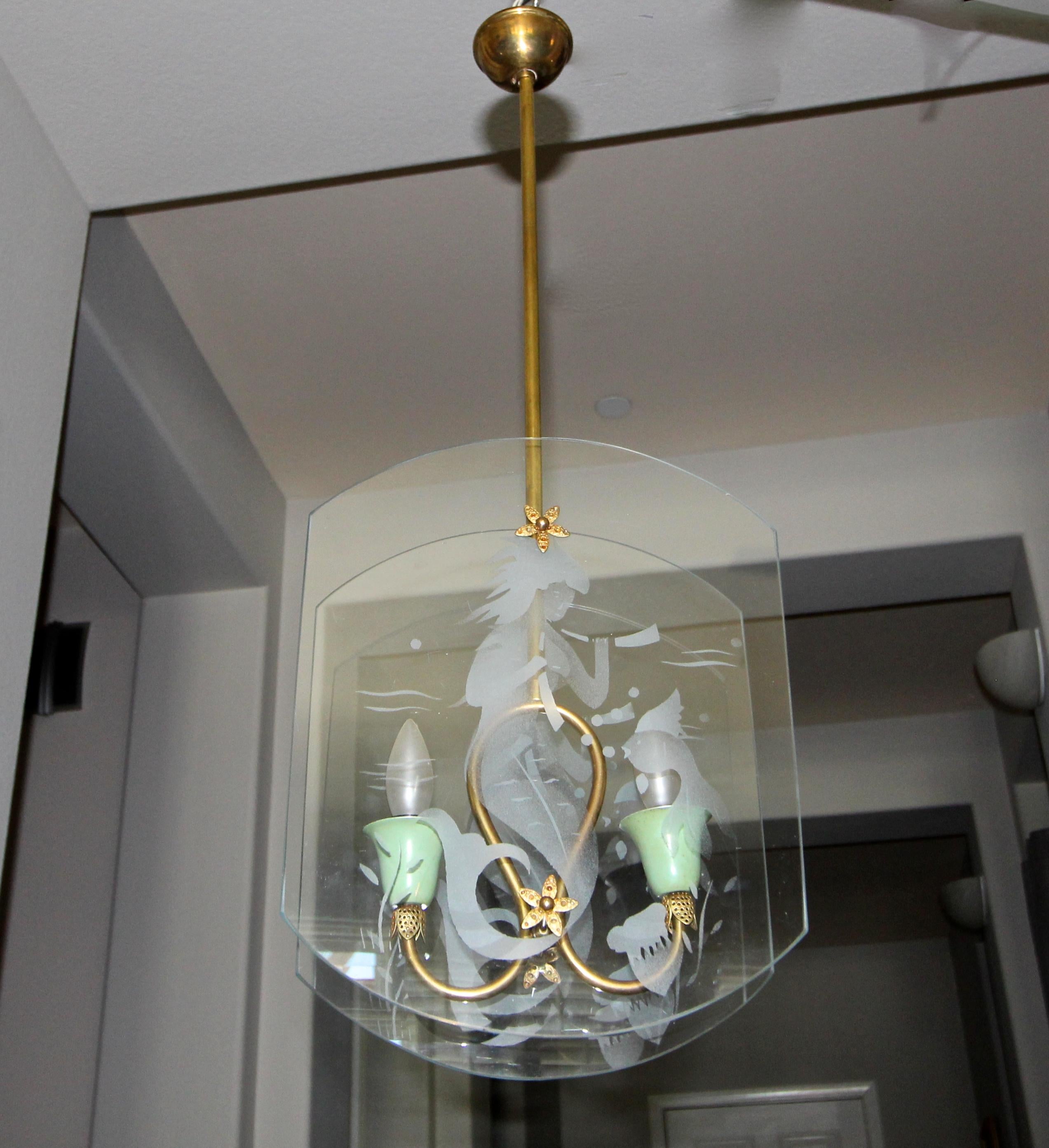 Mid-20th Century Italian Fontana Arte Style Etched Glass Mermaid Pendant Light