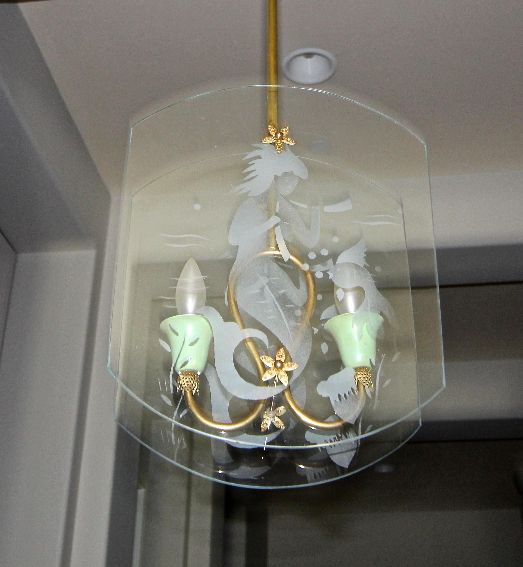 Brass Italian Fontana Arte Style Etched Glass Mermaid Pendant Light