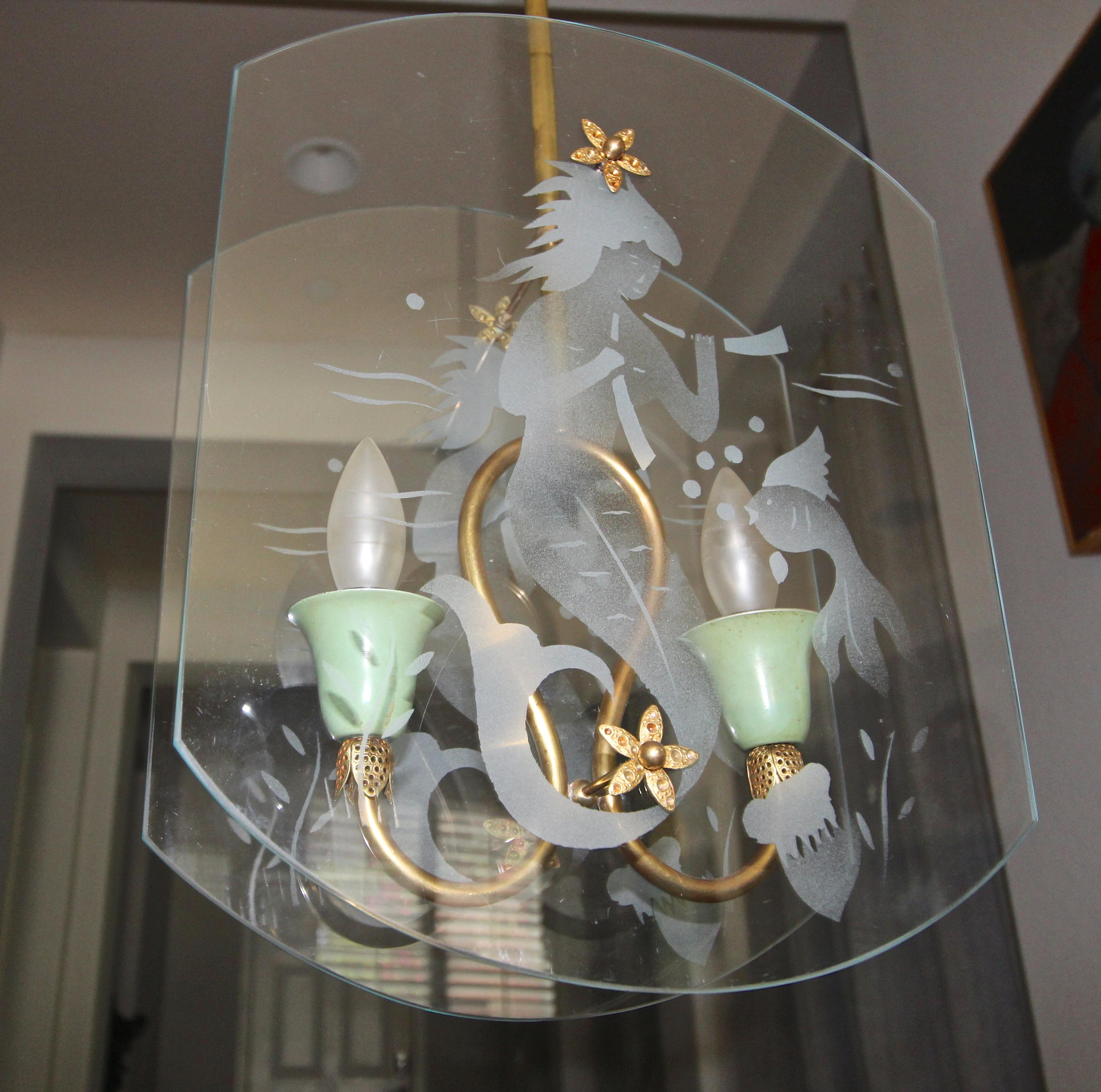 Italian Fontana Arte Style Etched Glass Mermaid Pendant Light 3