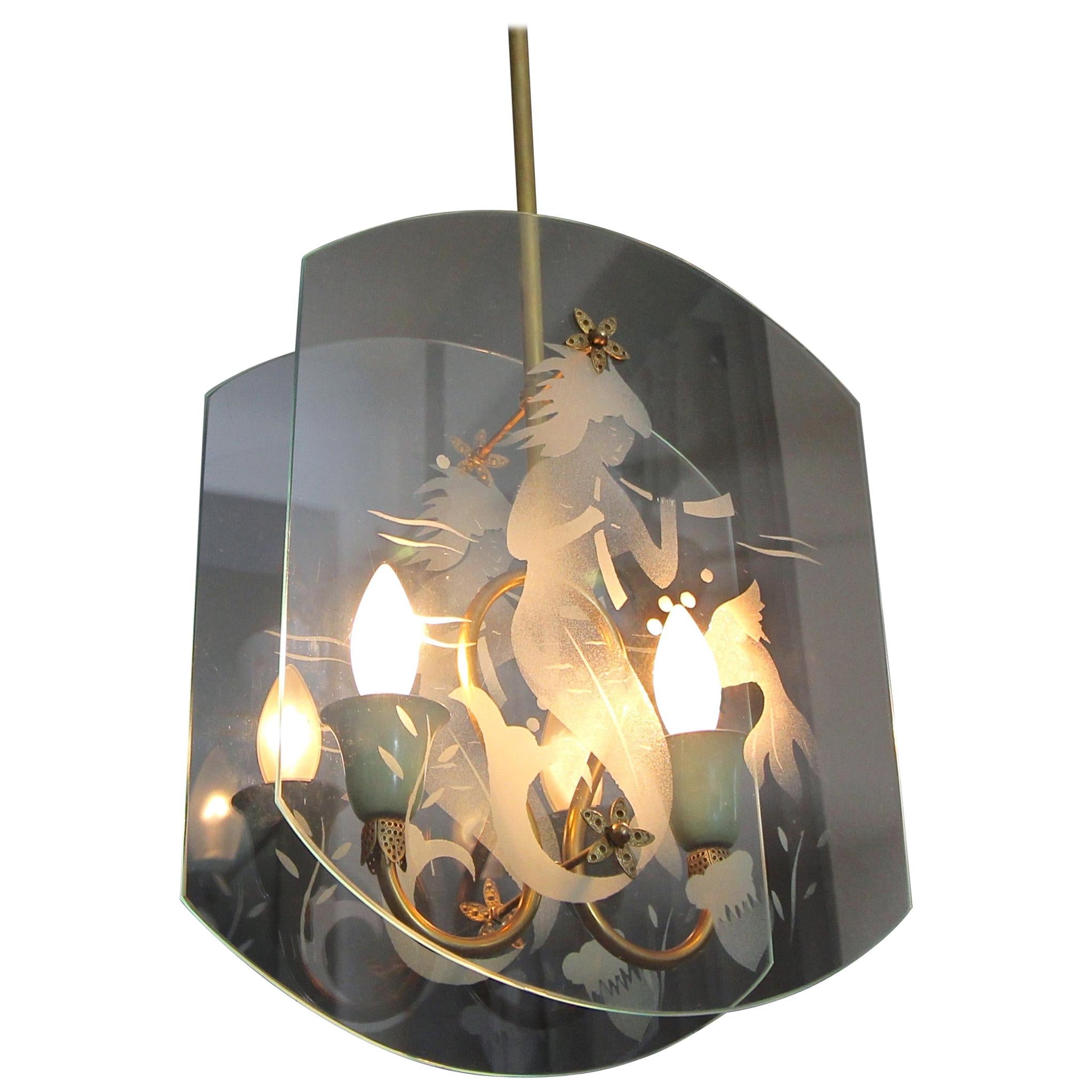 Italian Fontana Arte Style Etched Glass Mermaid Pendant Light