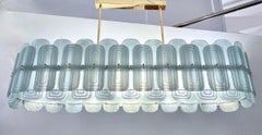 Italian Fontana Arte Style Pearl Aqua Blue Murano Glass Oval Brass Chandelier