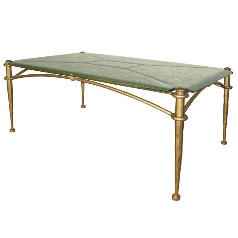 20th Century Italian Foraged Bronze and Textured Glass Coffee Table For Sale