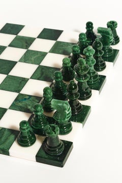 Grand jeu d'échecs italien en albâtre, vert forêt/blanc