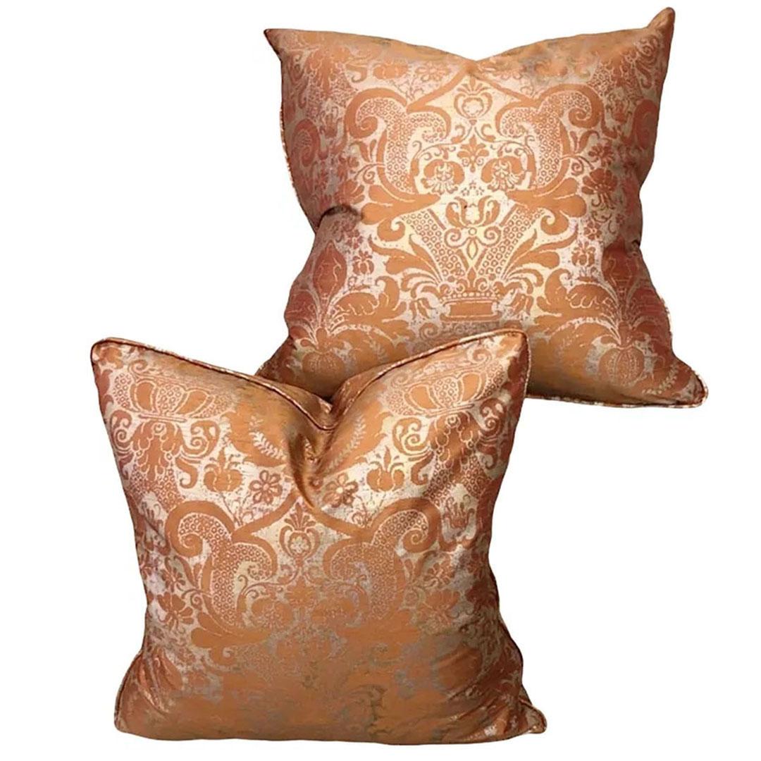 A striking pair of cotton Italian Fortuny pillows with the same pattern front and back, self trim. Goose down filling. Italy, circa 2000s.