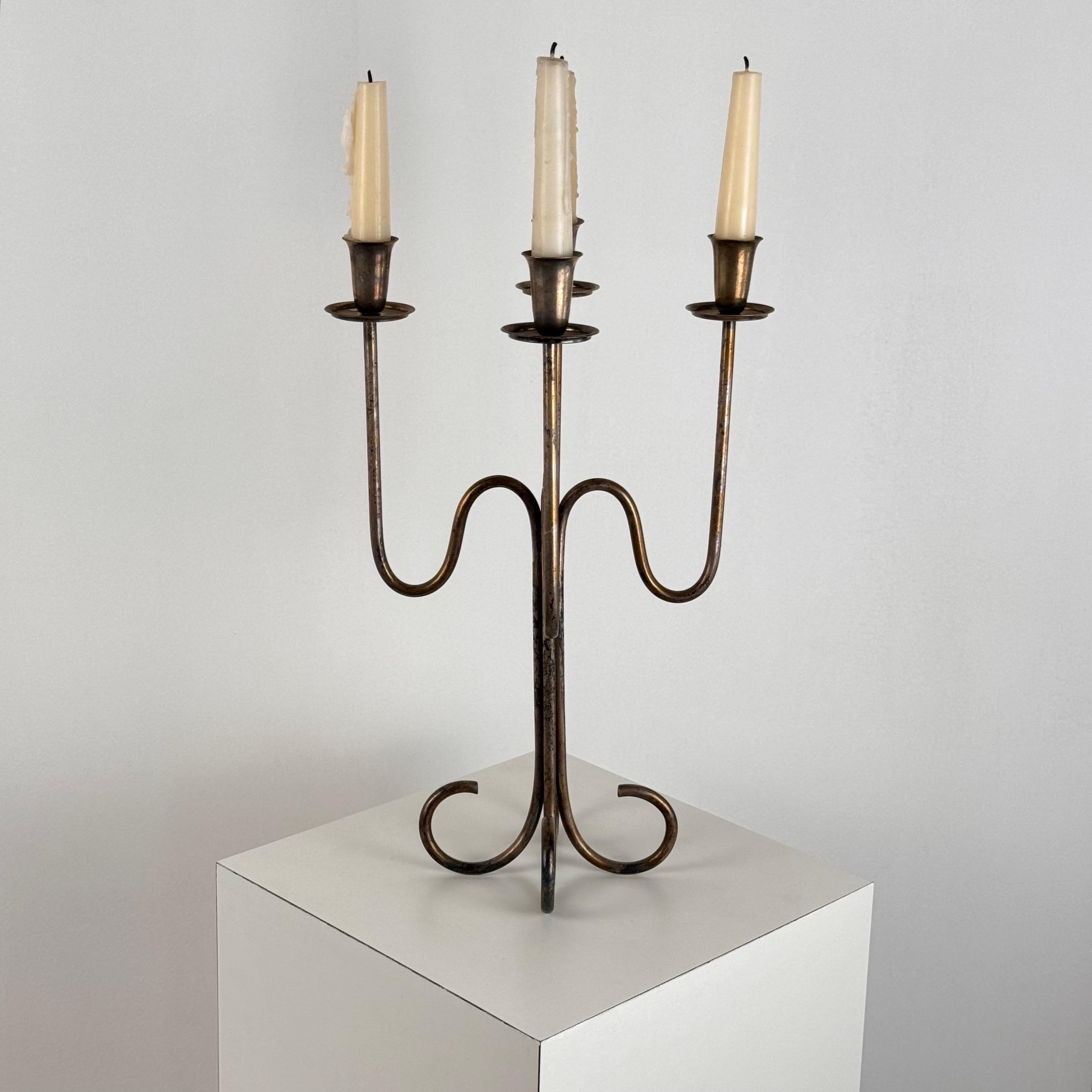 Mid-Century Modern Italian Four-Arm Silverplate Candelabrum with Authentic Patina, 1930s For Sale