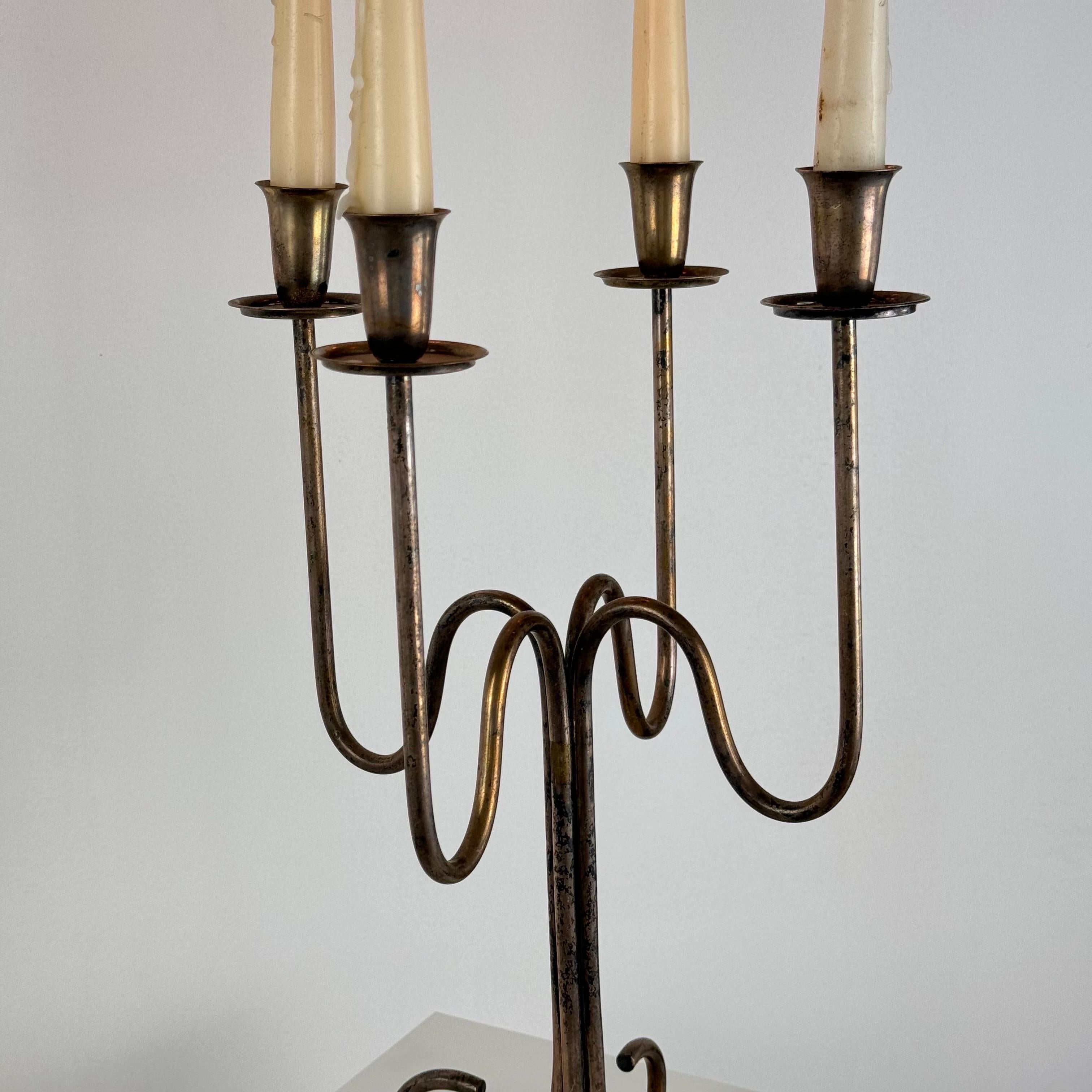 Mid-20th Century Italian Four-Arm Silverplate Candelabrum with Authentic Patina, 1930s For Sale