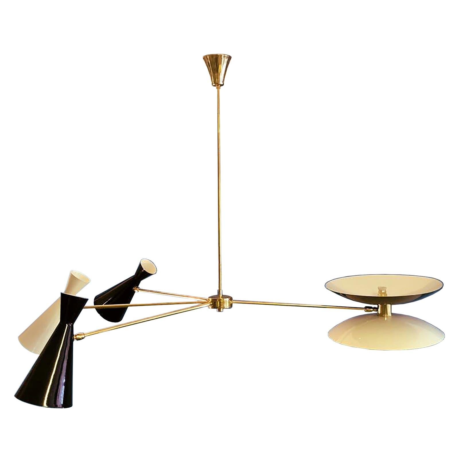 Beautiful asymmetrical Italian chandelier, four adjustable arms disposed one and three in opposition to create a geometric counterbalanced flair. Made of brass and lacquered aluminum in shades of pink, dark red, and oil blue.

It can be customized