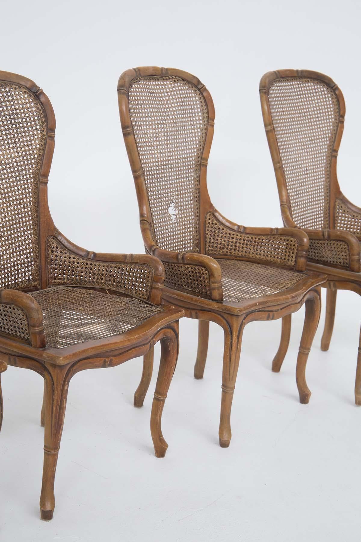 Modern Italian Four Chairs by Giorgetti in Imitation Bamboo and Rattan For Sale