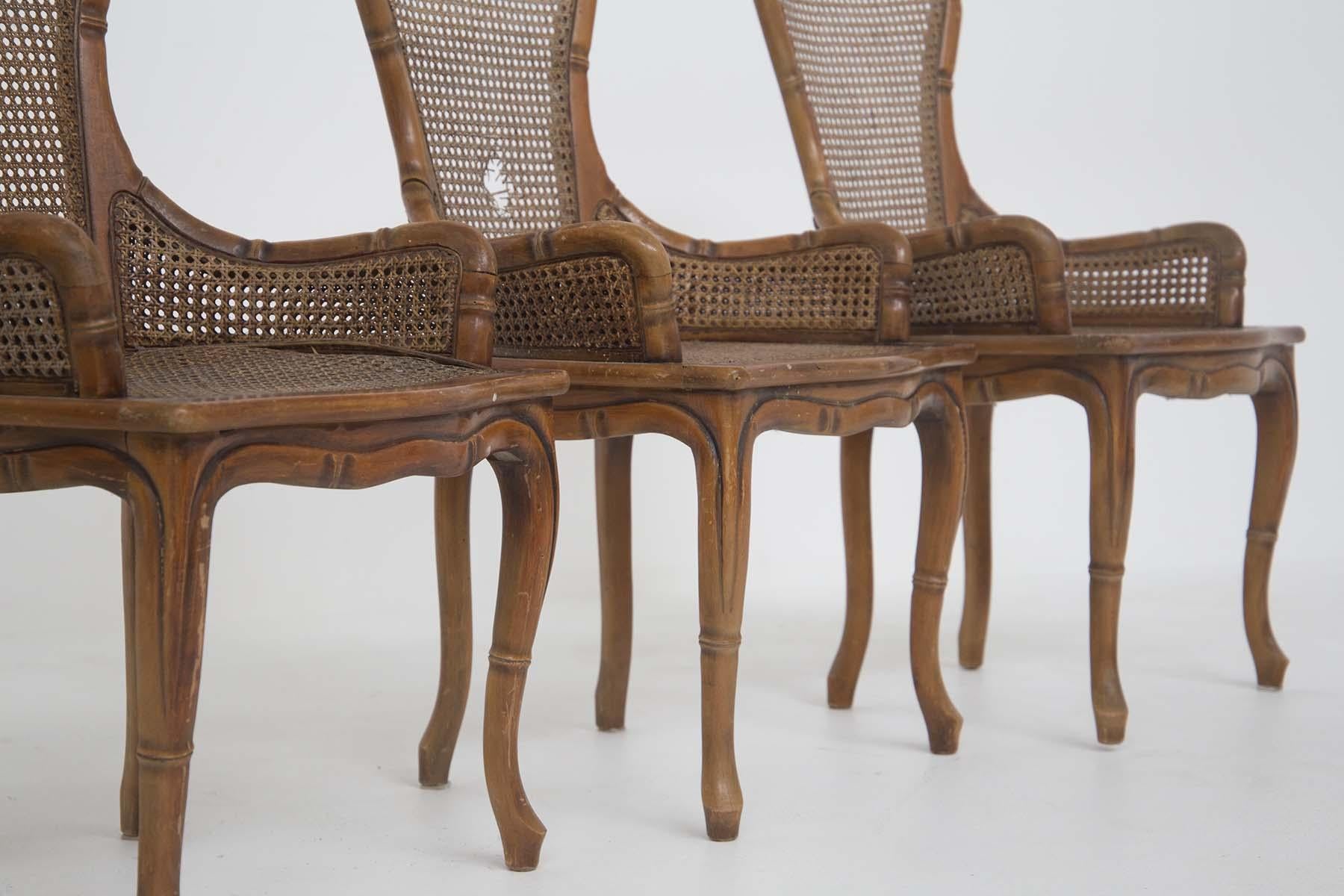 Late 20th Century Italian Four Chairs by Giorgetti in Imitation Bamboo and Rattan For Sale