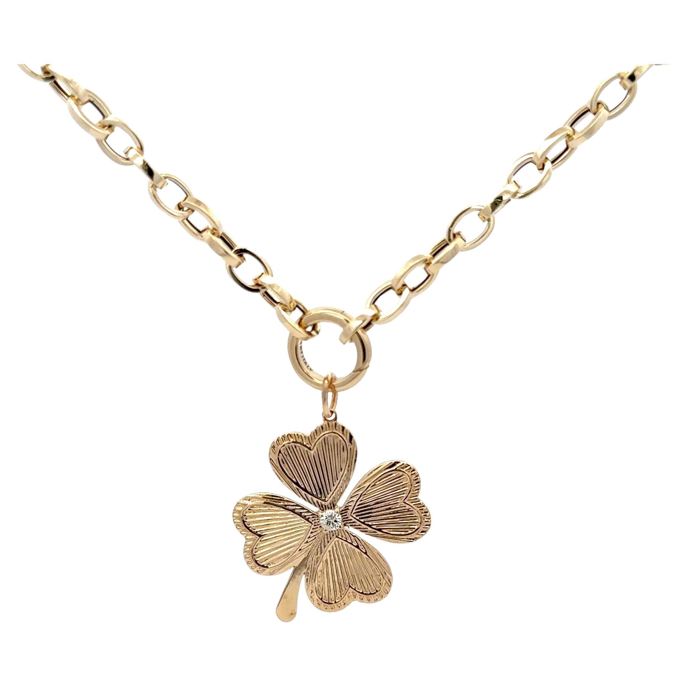 Italian Four Leaf Clover Diamond Pendant on Belcher Clasp Link Chain 18 Inches For Sale