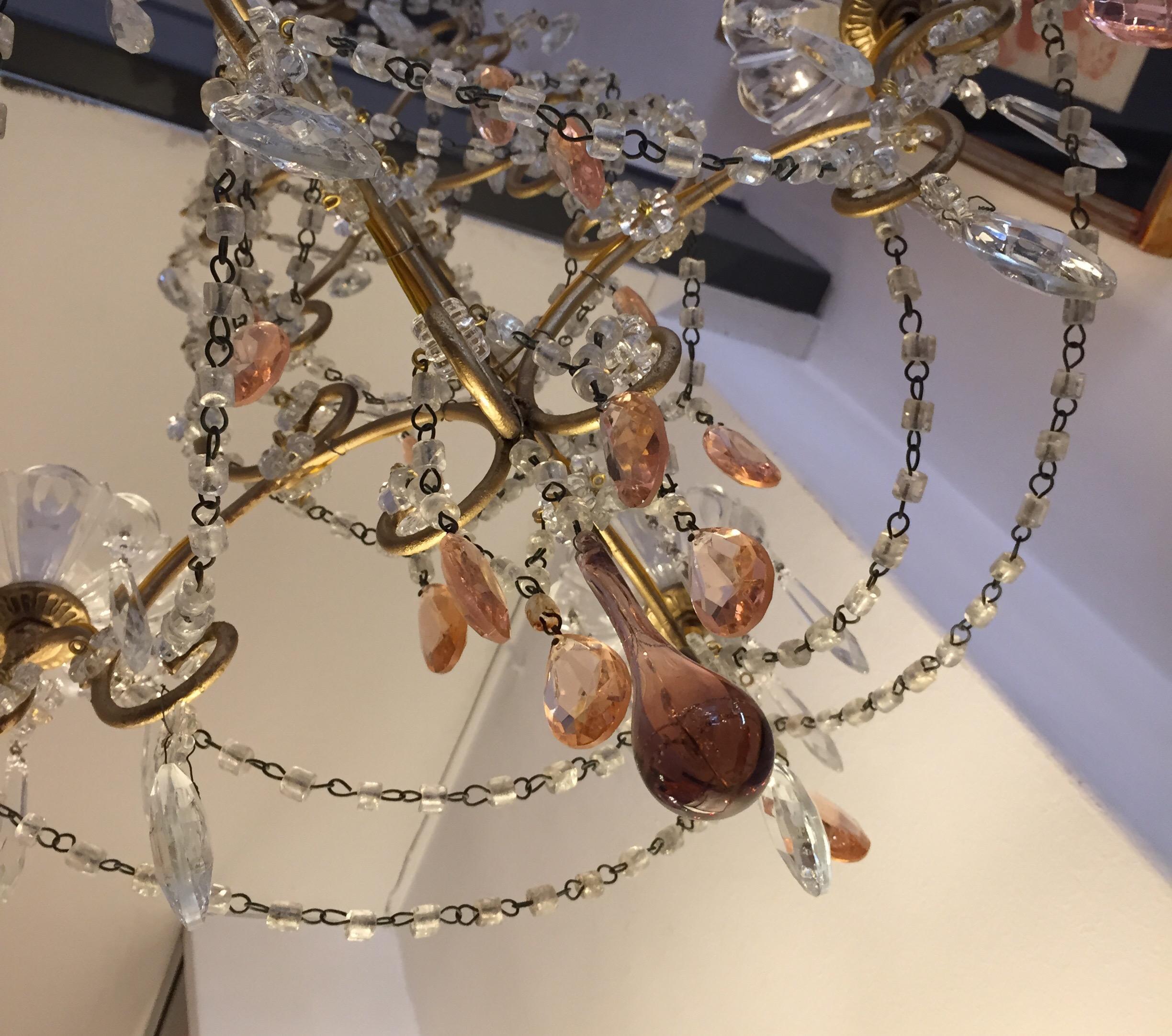 Italian Four-Light Cage Chandelier with Pink and Clear Crystal Drops, 1970s 9