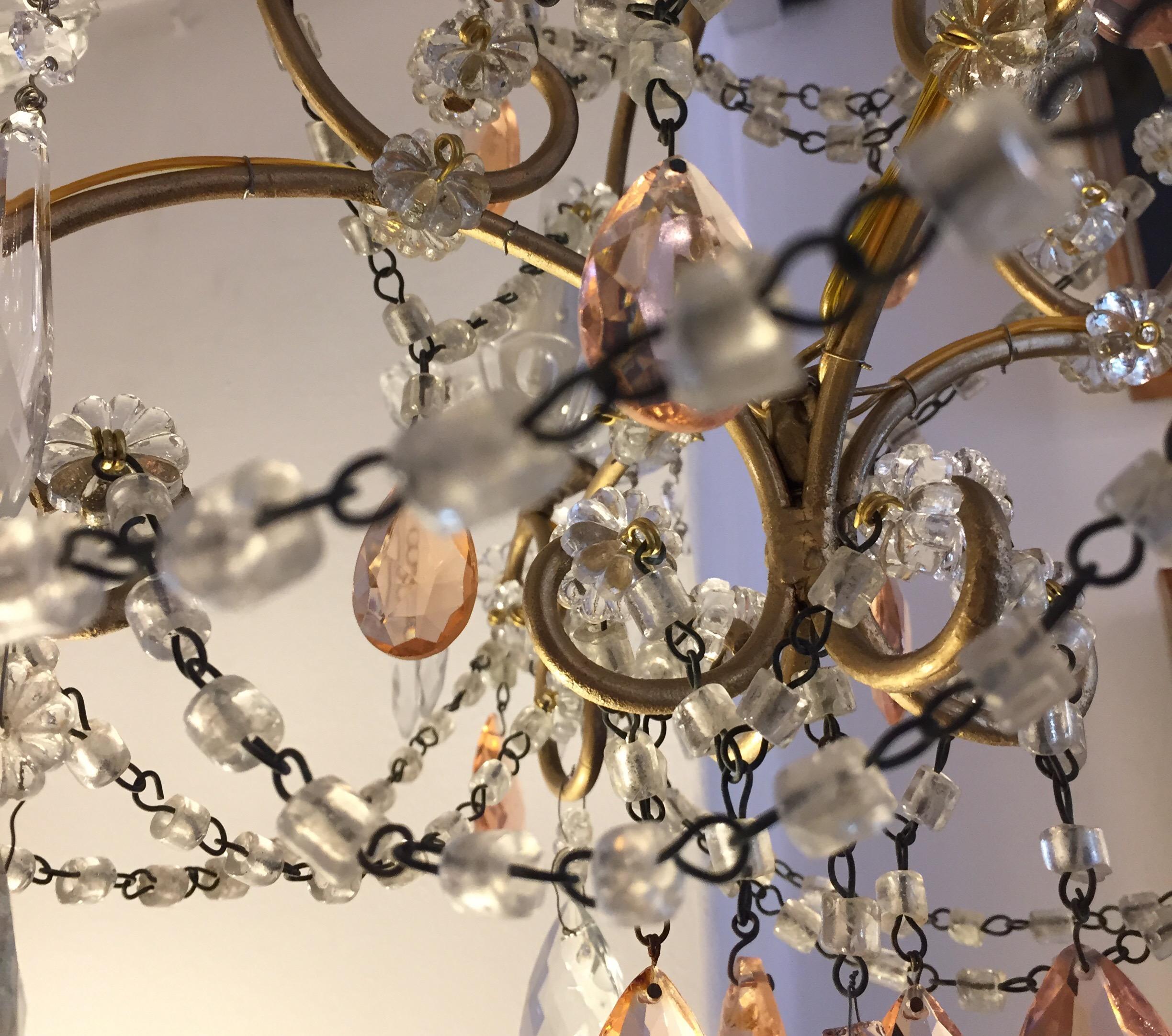 Italian Four-Light Cage Chandelier with Pink and Clear Crystal Drops, 1970s 10