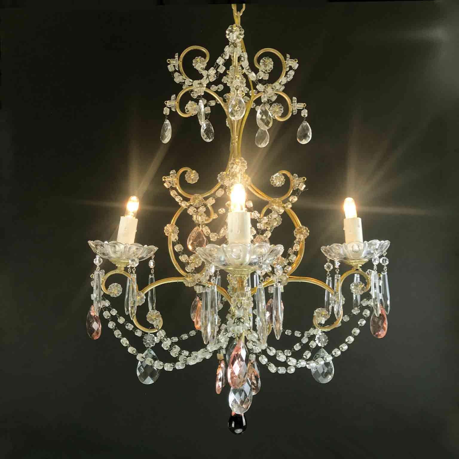 Faceted Italian Four-Light Cage Chandelier with Pink and Clear Crystal Drops, 1970s