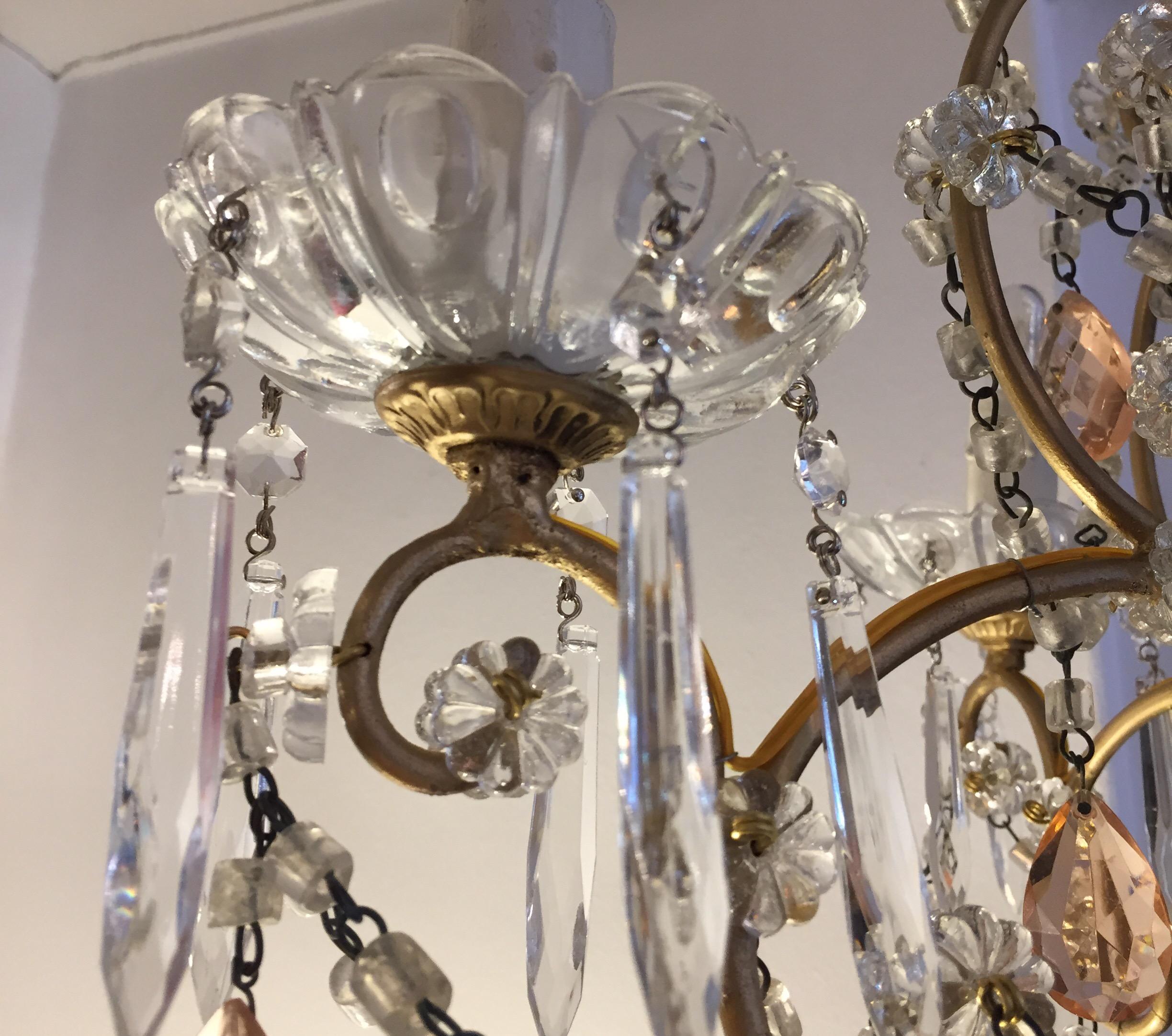 Italian Four-Light Cage Chandelier with Pink and Clear Crystal Drops, 1970s 11