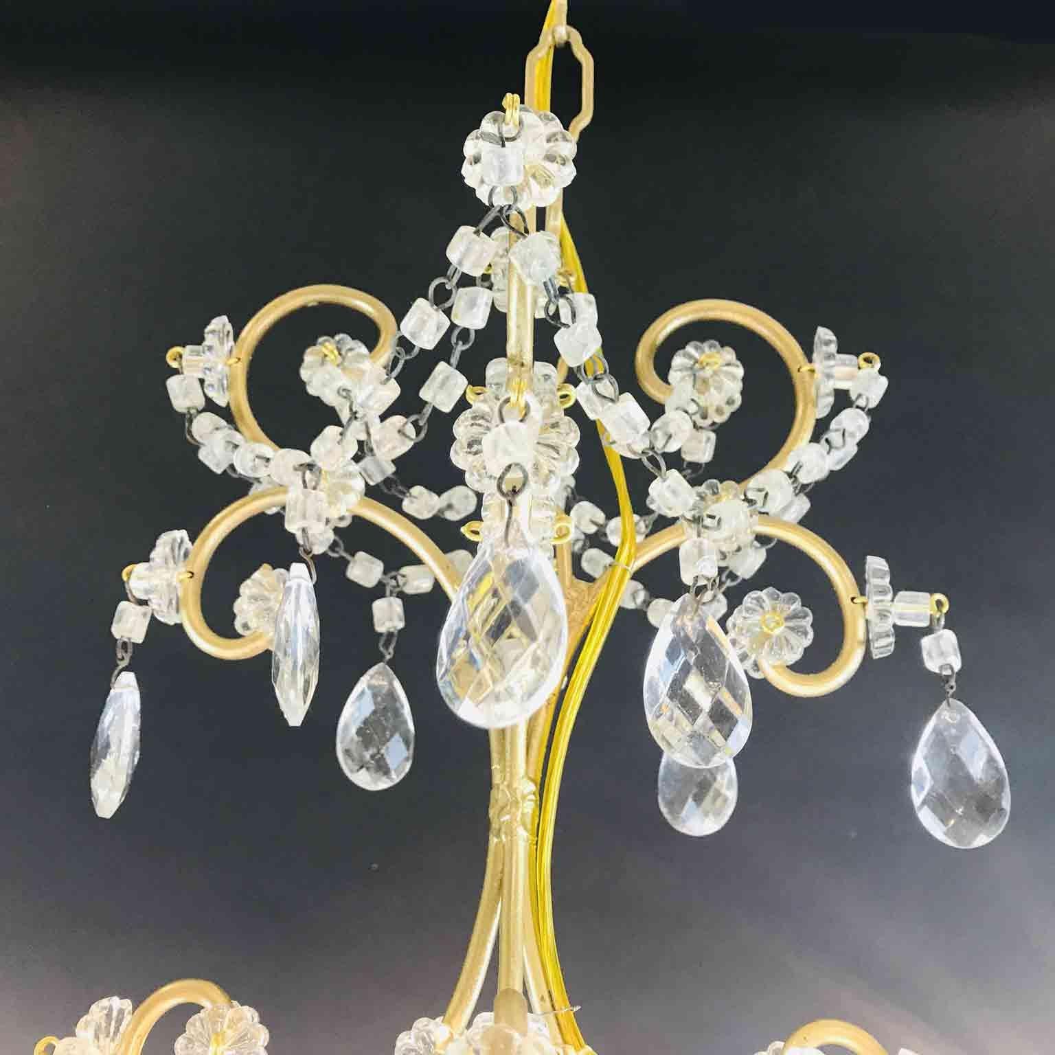 Italian Four-Light Cage Chandelier with Pink and Clear Crystal Drops, 1970s In Good Condition In Milan, IT