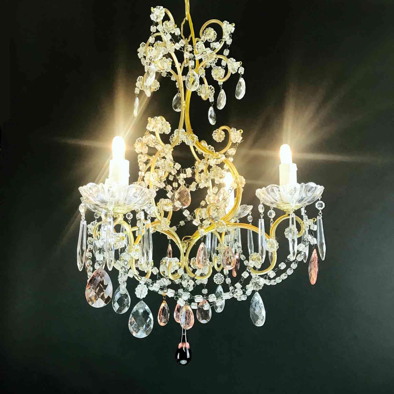 Brass Italian Four-Light Cage Chandelier with Pink and Clear Crystal Drops, 1970s