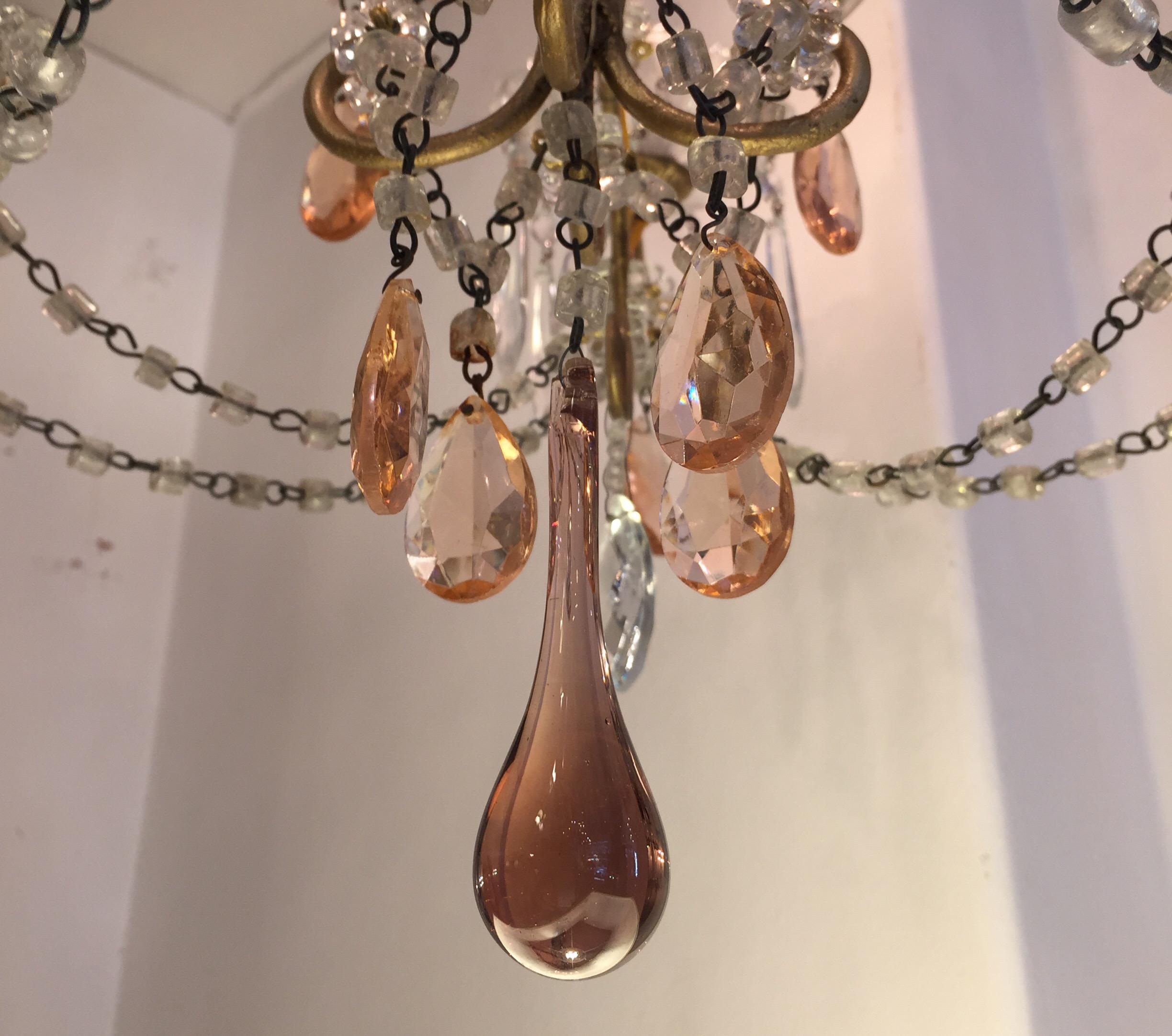 Italian Four-Light Cage Chandelier with Pink and Clear Crystal Drops, 1970s 2