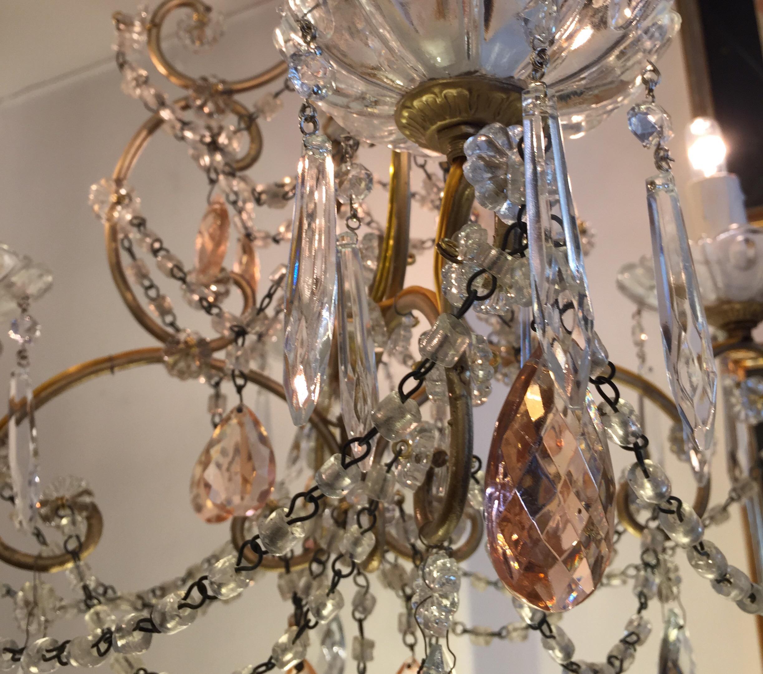 Italian Four-Light Cage Chandelier with Pink and Clear Crystal Drops, 1970s 3