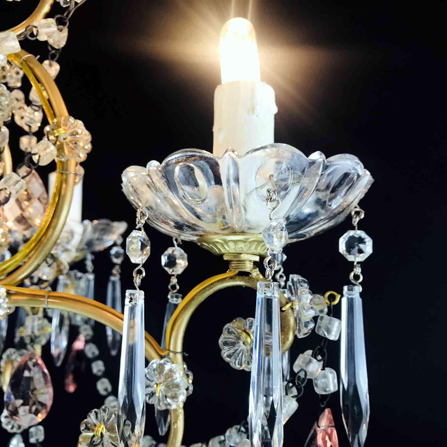 20th Century Italian Four-Light Cage Chandelier with Pink and Clear Crystal Drops, 1970s