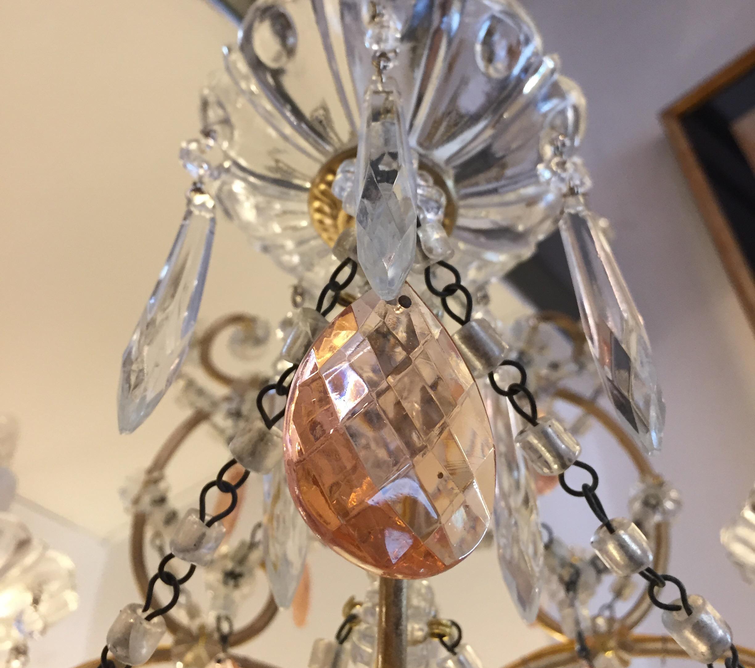 Italian Four-Light Cage Chandelier with Pink and Clear Crystal Drops, 1970s 4