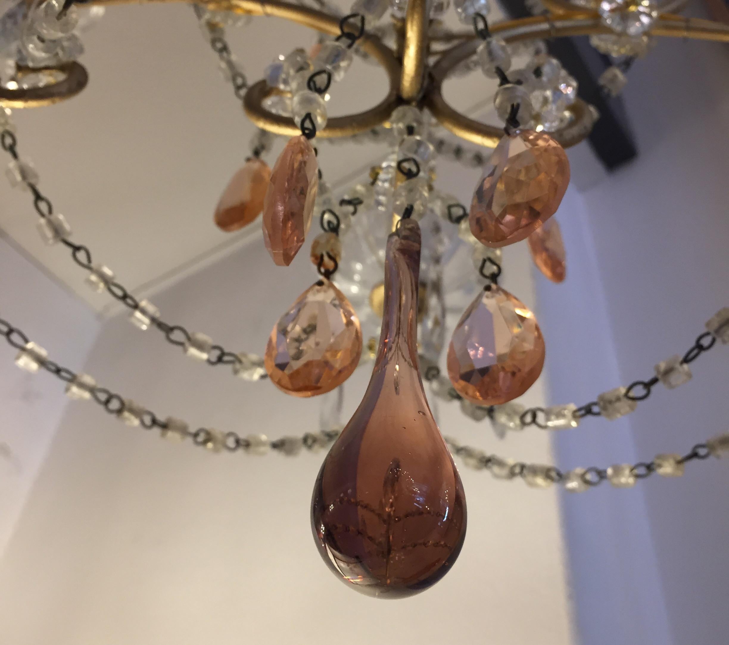 Italian Four-Light Cage Chandelier with Pink and Clear Crystal Drops, 1970s 5