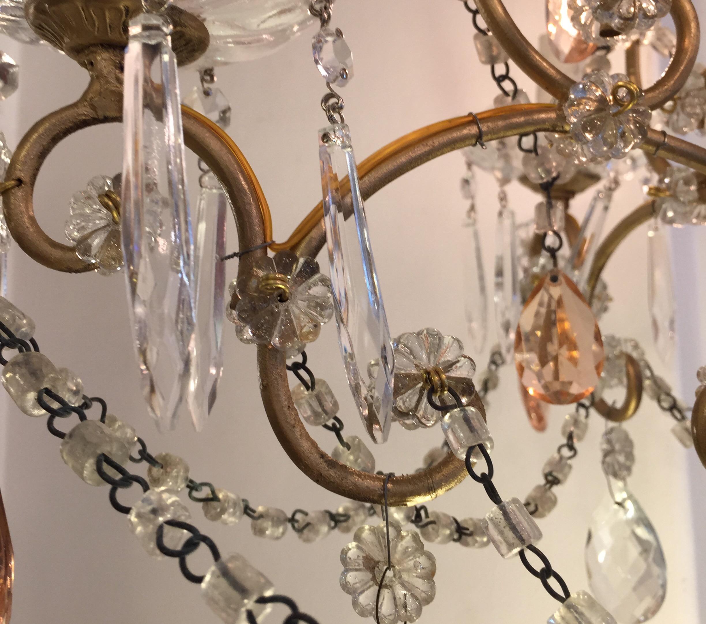 Italian Four-Light Cage Chandelier with Pink and Clear Crystal Drops, 1970s 6