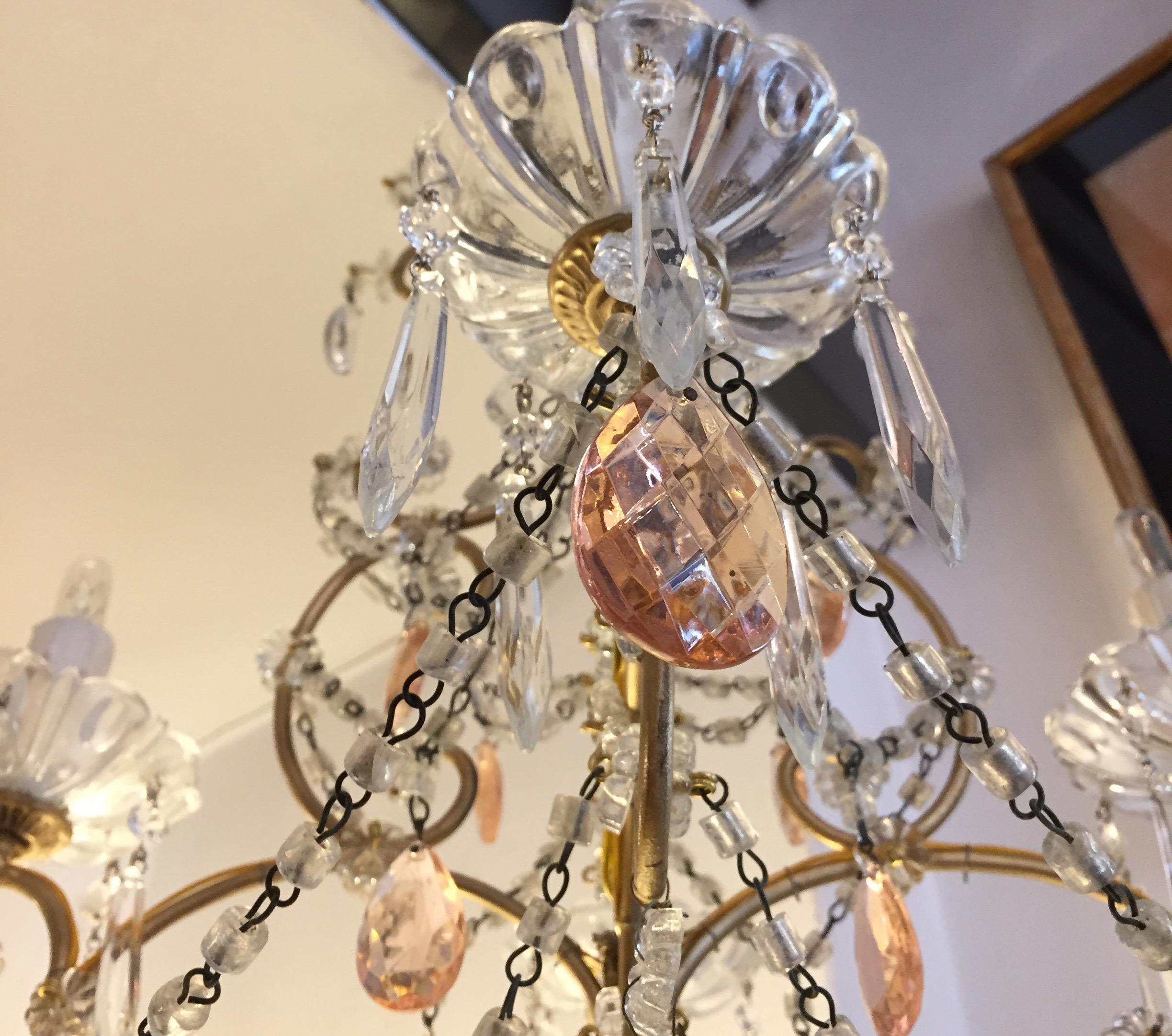 Italian Four-Light Cage Chandelier with Pink and Clear Crystal Drops, 1970s 7