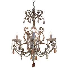 Italian Four-Light Cage Chandelier with Pink and Clear Crystal Drops, 1970s
