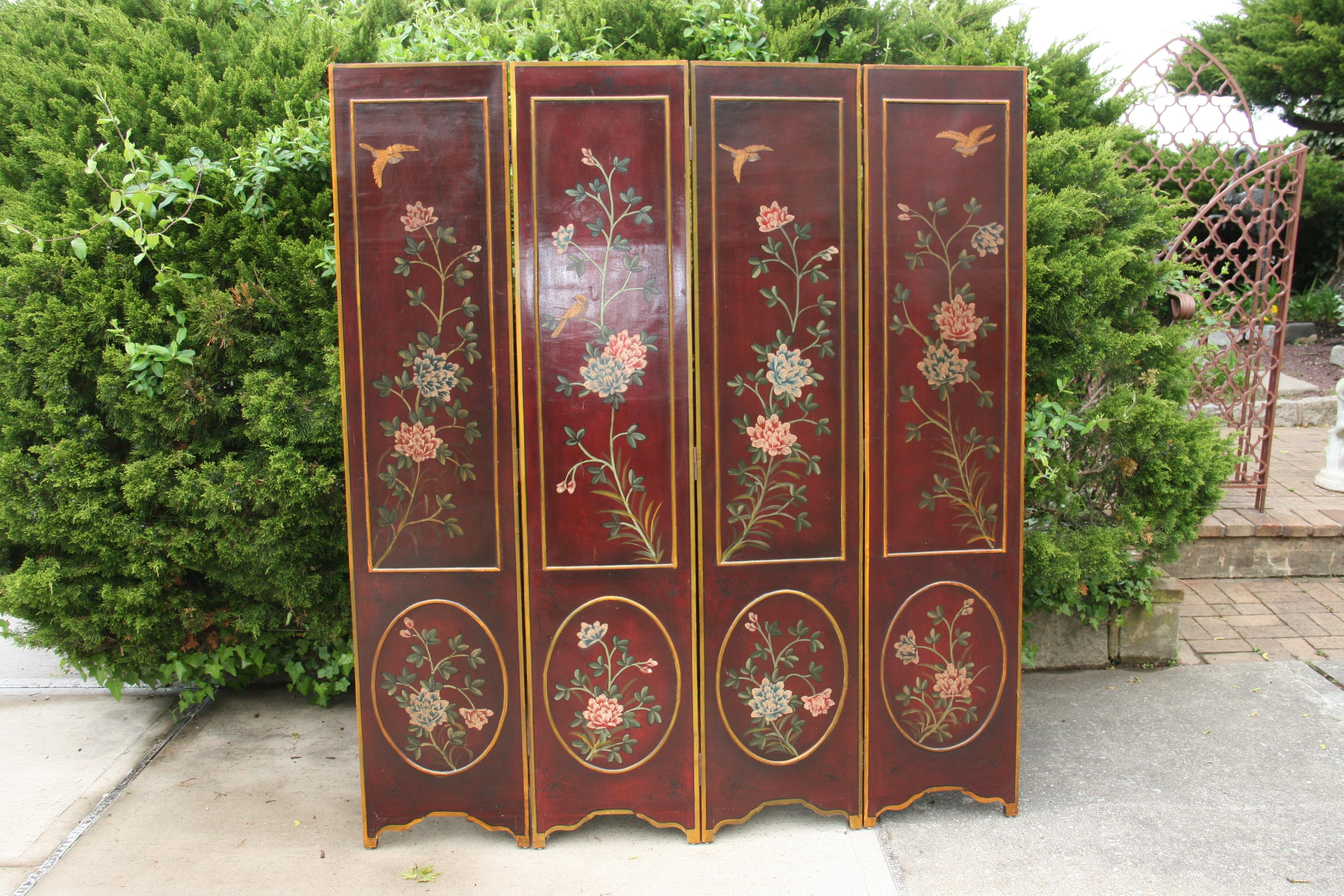 Italian Four Panel Flowers and Birds Room Divider/Screen For Sale 9