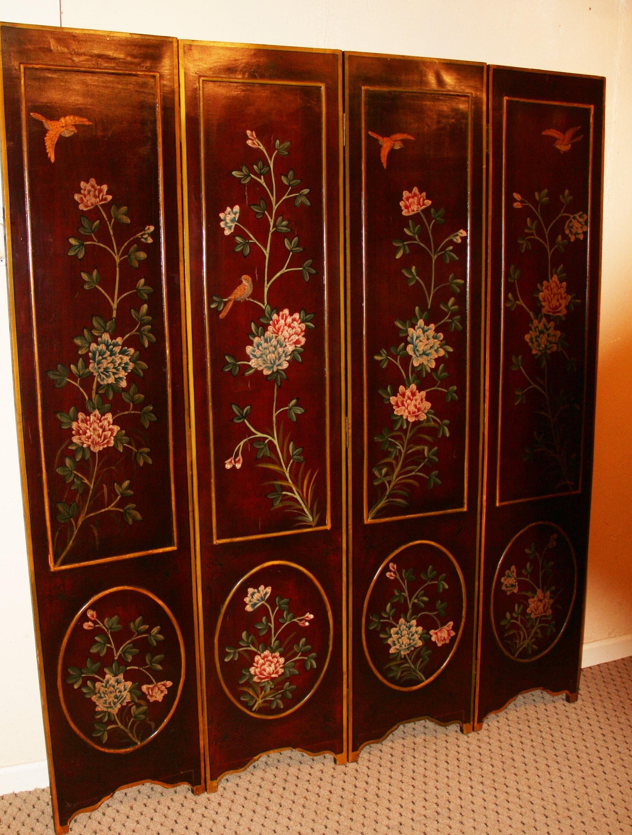 Italian Four Panel Flowers and Birds Room Divider/Screen For Sale 7