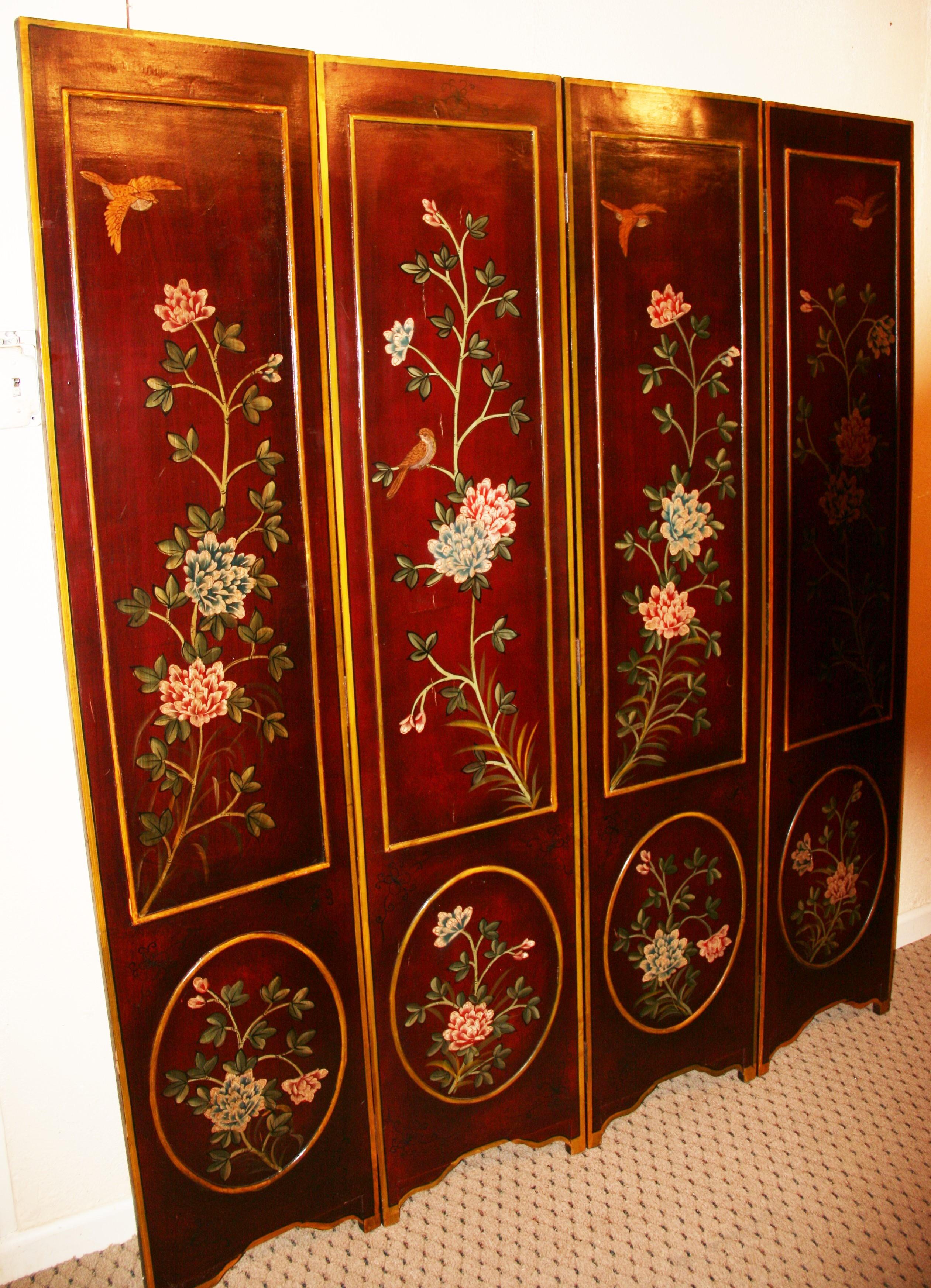 Italian Four Panel Flowers and Birds Room Divider/Screen For Sale 1