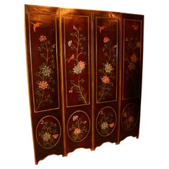 Divisorio/paravento italiano a quattro pannelli con fiori e uccelli