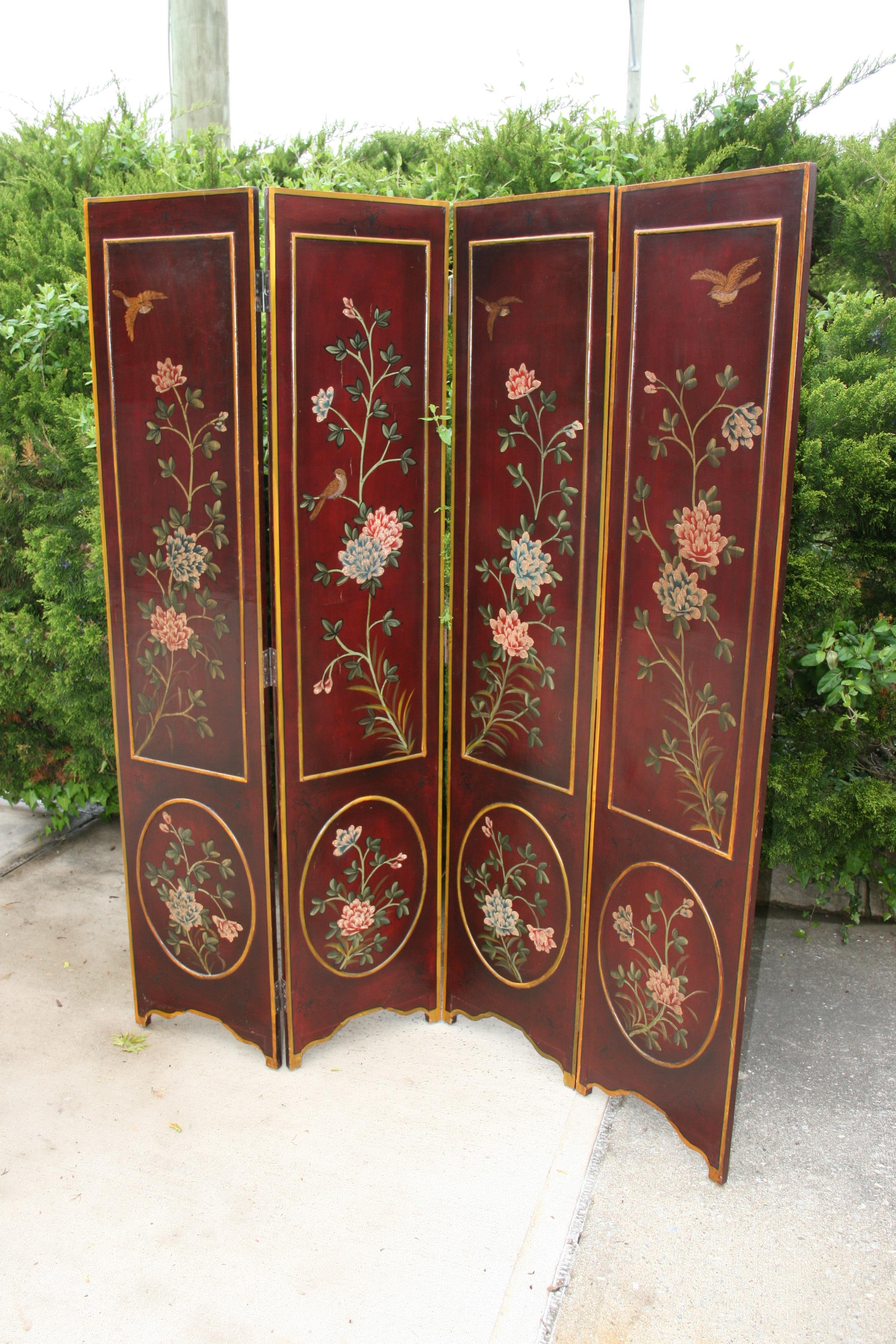 Italian Four Panel Flowers and Birds Room Divider/Screen For Sale 13