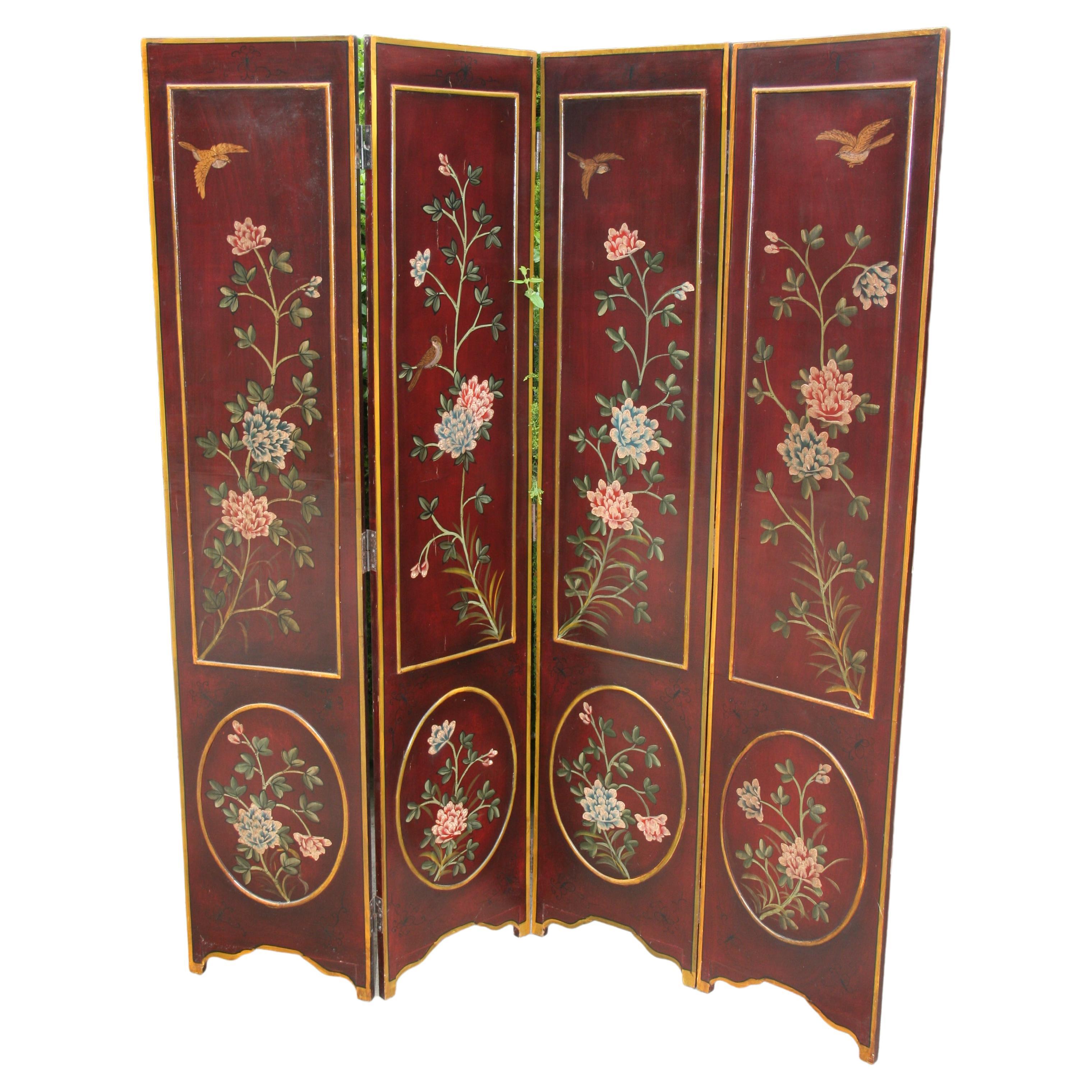 Italian Four Panel Flowers and Birds Room Divider/Screen For Sale